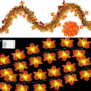 Decoraciones de otoño, guirnalda de oropel con purpurina de 33 pies, 40 luces LED de hojas de arce, hojas de arce artificiales para boda, calabaza, Decoraciones de otoño, guirnalda de oropel con purpurina de 33 pies, 40 luces LED de hojas de arce, hojas de arce artificiales para boda, calabaza,