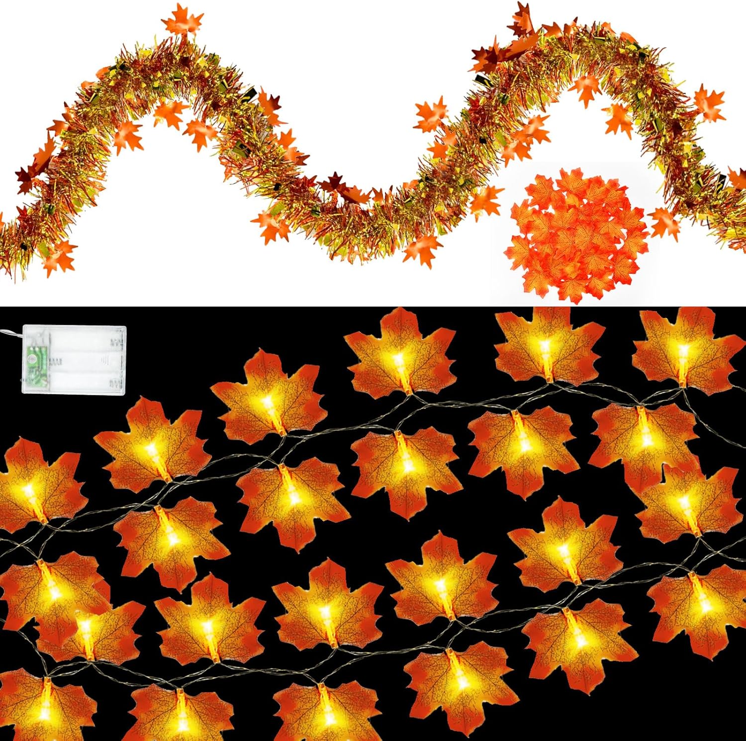 Decoraciones de otoño, guirnalda de oropel con purpurina de 33 pies, 40 luces LED de hojas de arce, hojas de arce artificiales para boda, calabaza,
