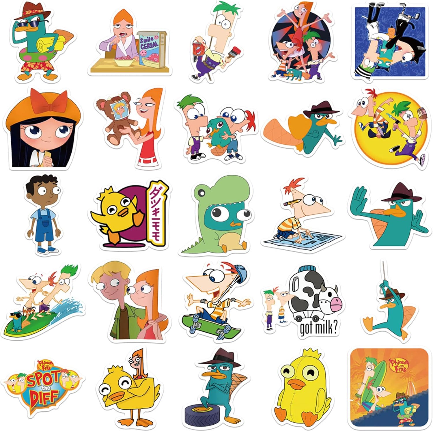50 calcomanías de dibujos animados de Phineas y Ferb para niños, lindas y divertidas calcomanías de dibujos animados para laptop, botellas de agua,