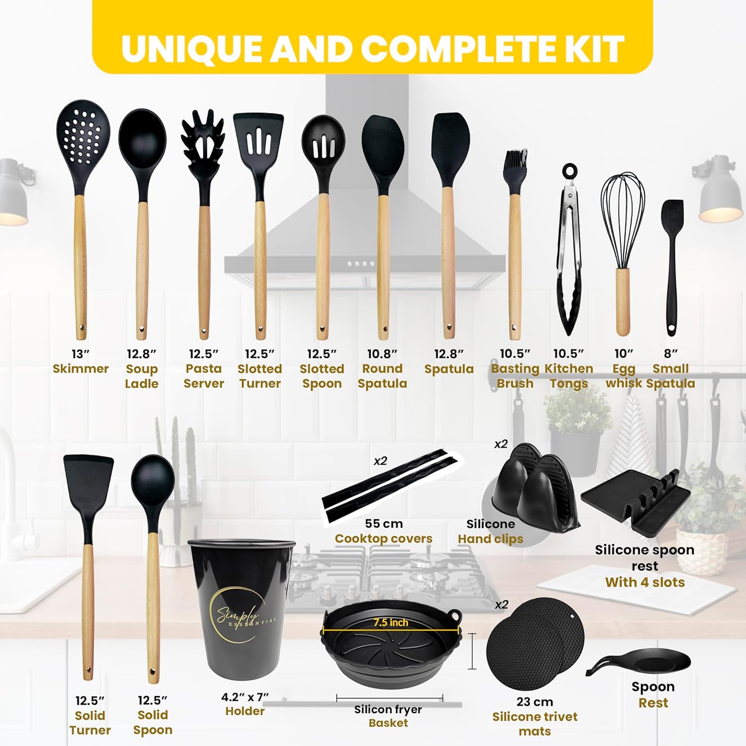 Juego de utensilios de cocina de silicona  23 piezas de espátula resistente al calor, cuchara, batidor, clips de mano, almohadilla de cuchara,