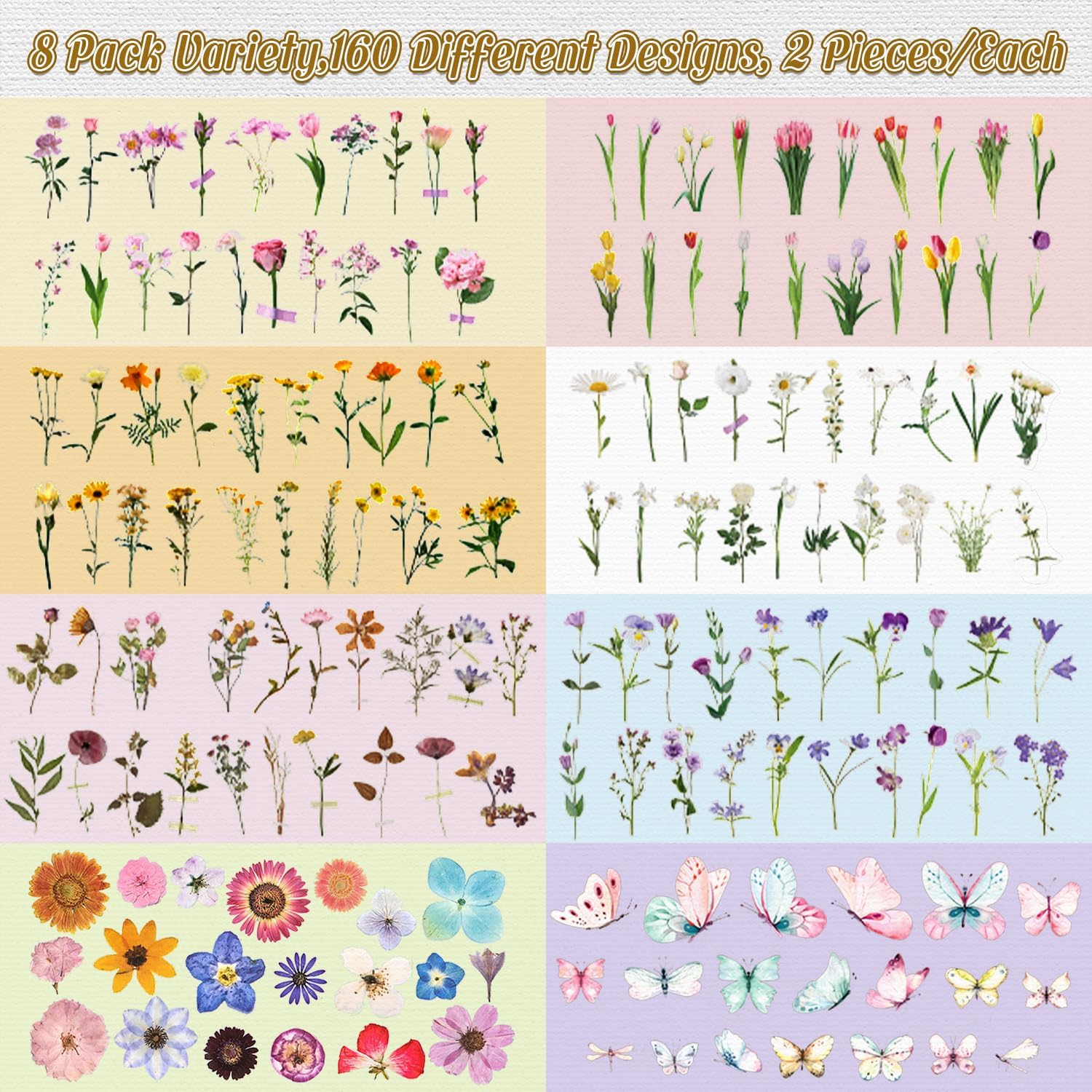 HONGTEYA Juego de 320 calcomanías de mariposa botánica de flores, calcomanías de resina de flores prensadas, calcomanías transparentes estéticas