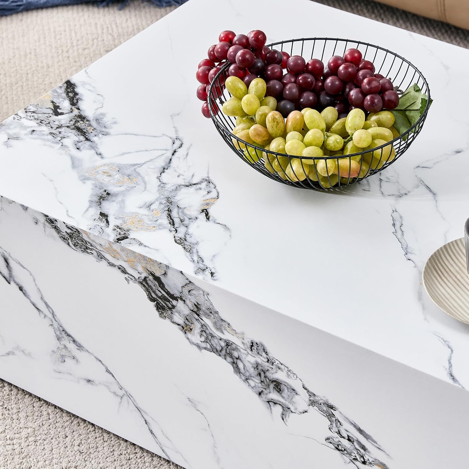Mesa de centro moderna de mármol, mesa central rectangular de madera con patrón de mármol para sala de estar, mesa de cóctel contemporánea para el