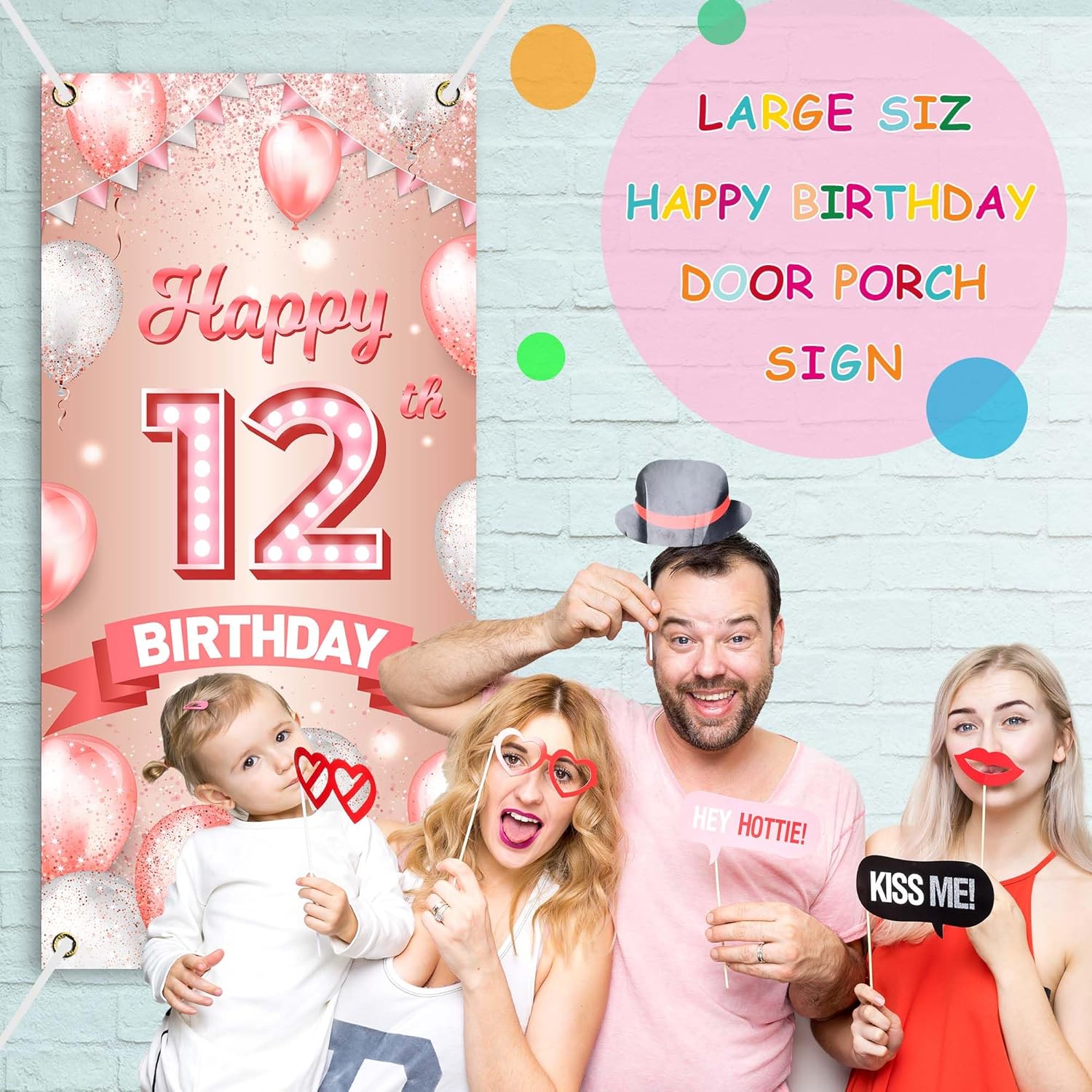 Cartel de feliz cumpleaños número 12 de oro rosa, telón de fondo de globos de confeti de 12 años, decoración temática de globos de confeti para