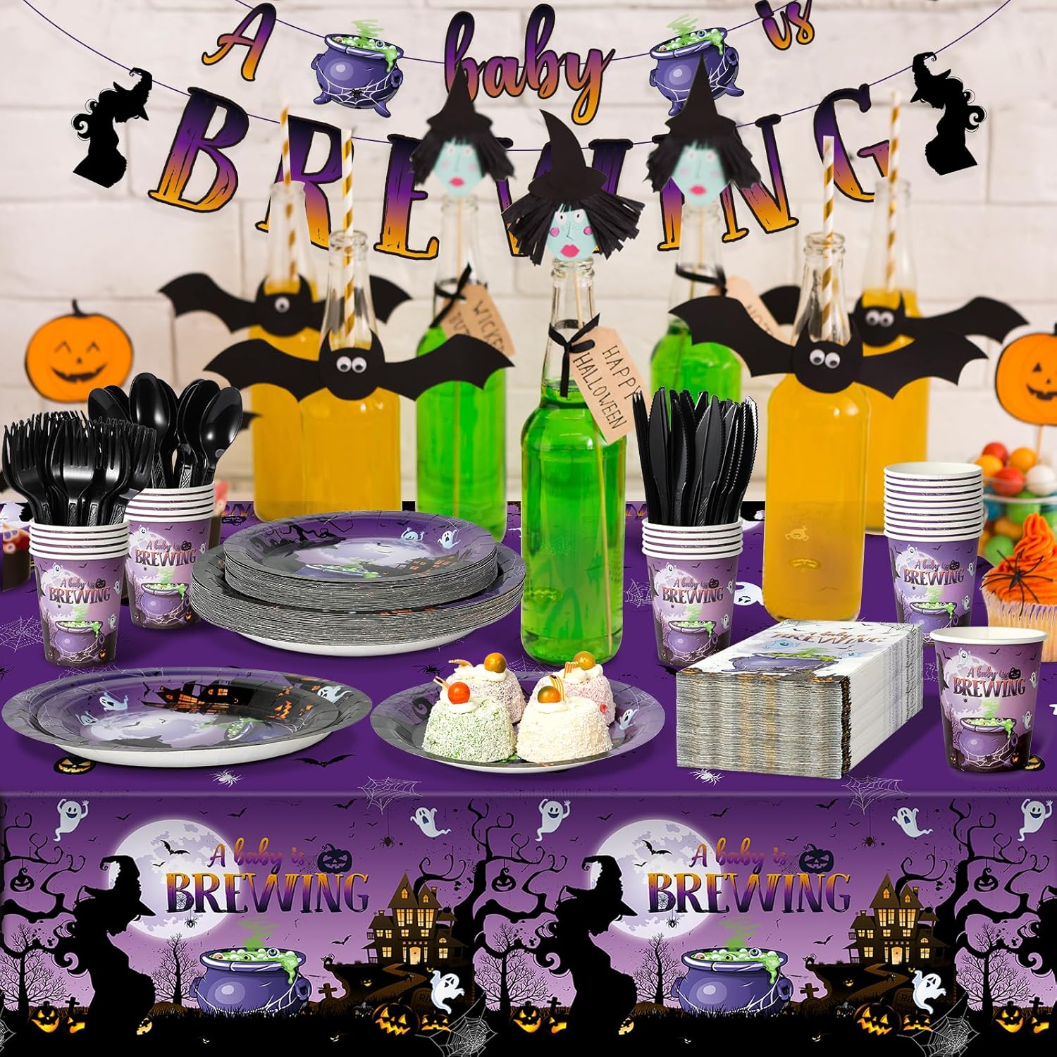 Decoraciones de fiesta de baby shower de Halloween, platos y servilletas de baby shower, mantel desechable, platos de papel, servilletas, vasos,