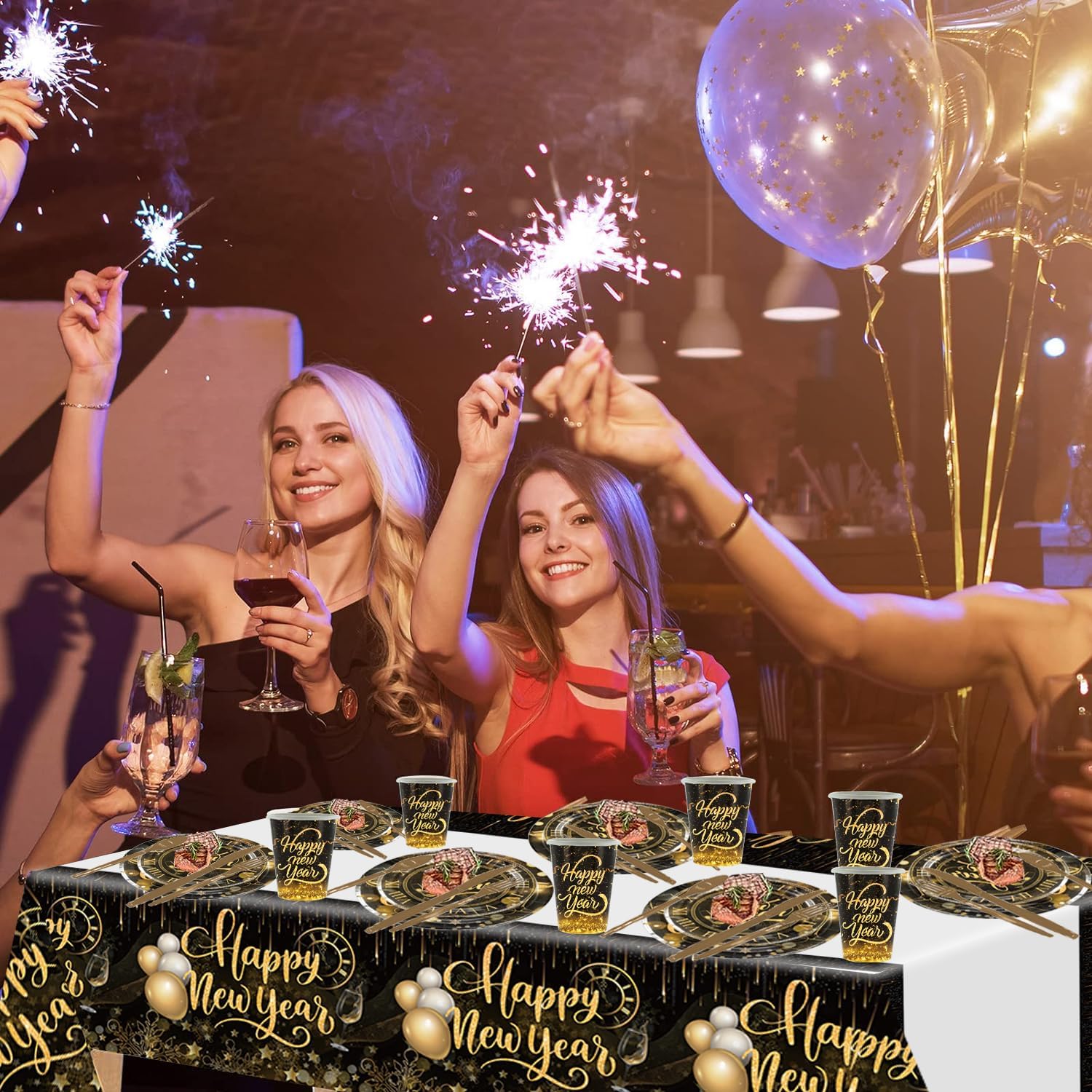 Juego de vajilla para fiesta de Año Nuevo 2024 de oro negro para 10 invitados, incluyendo mantel, servilleta, cuchillo, tenedor, cuchara, plato de