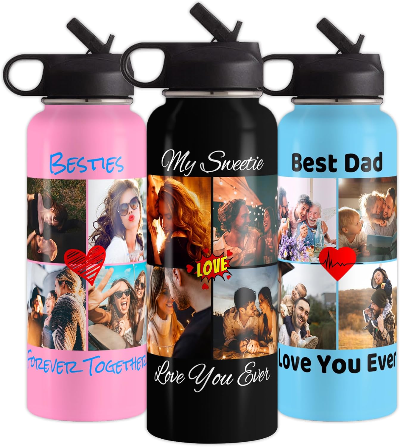 Botellas de agua con fotos personalizadas, botella de agua aislada de acero inoxidable con impresión de doble cara personalizada de 18 oz32 onzas