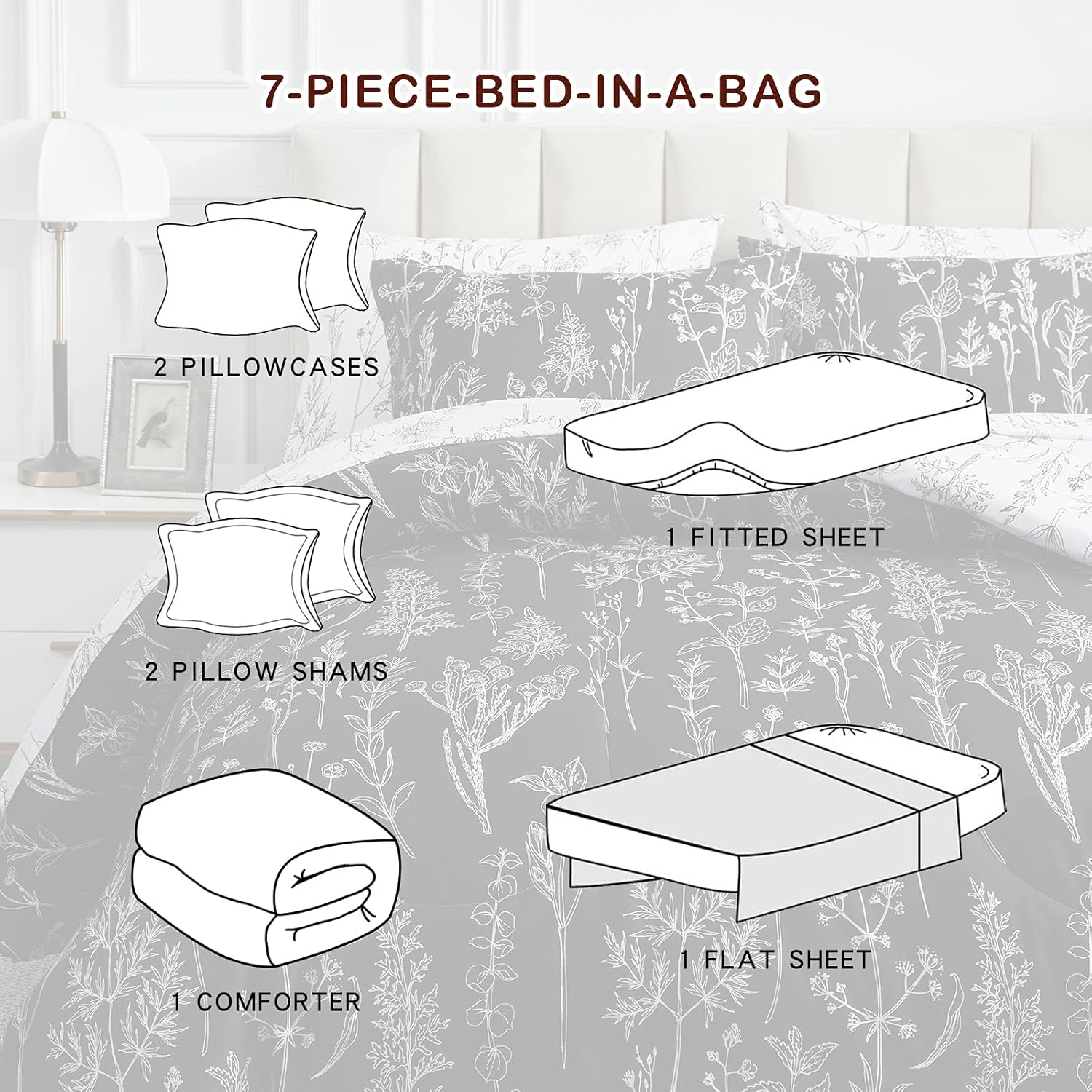 Joyreap Juego de cama de 7 piezas en una bolsa, juego de edredón botánico tamaño King para todas las estaciones, diseño reversible en blanco y