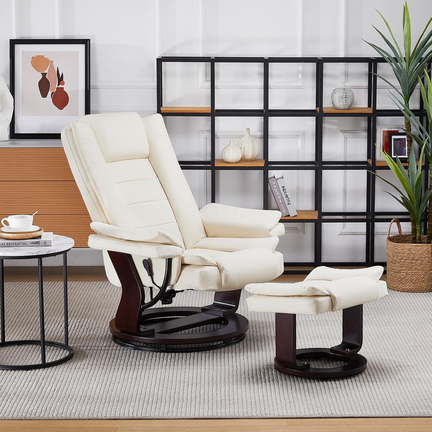 Silla reclinable con otomana giratoria de 360 grados de piel, con reposapiés, silla decorativa de cuero con base de madera para dormitorio, sala de