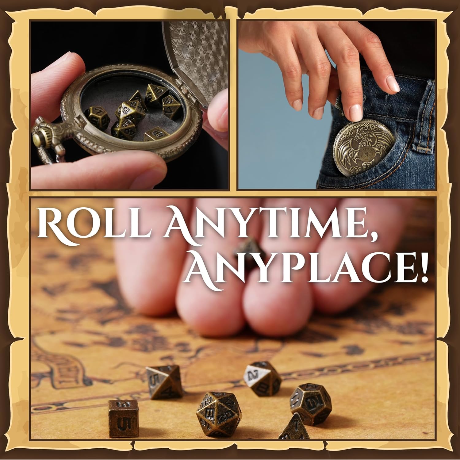Juego de dados DND de micrometal MiniChrono’s Tiny, Mini Dice in a Dragon-Grabado Pocket Watch Case  Accesorio portátil de Calabozos y Dragones