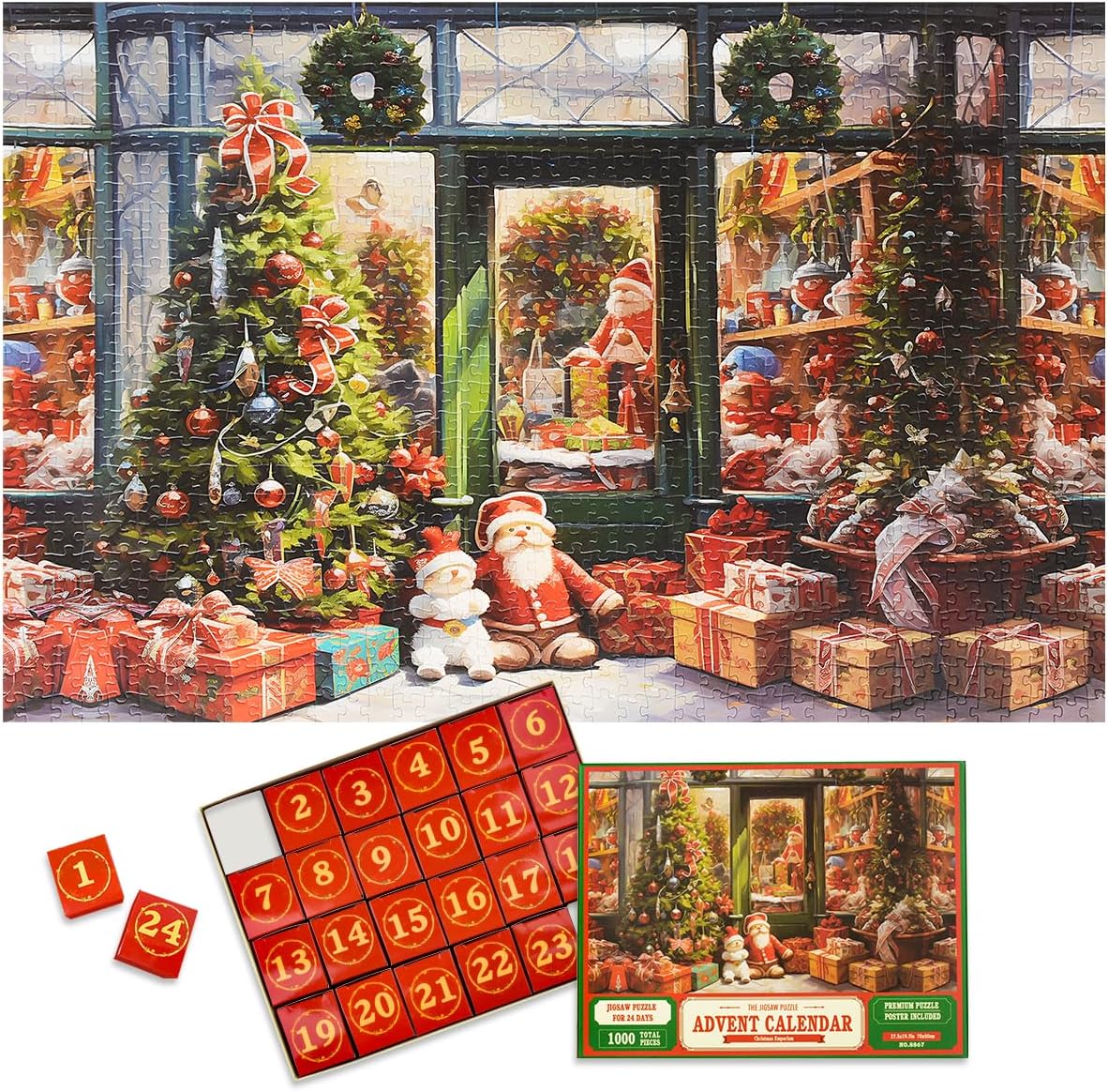 Calendario de Adviento de Navidad 2023 – Tienda de Navidad, 1000 piezas de rompecabezas de vacaciones para niños y adultos, 24 cajas de rompecabezas