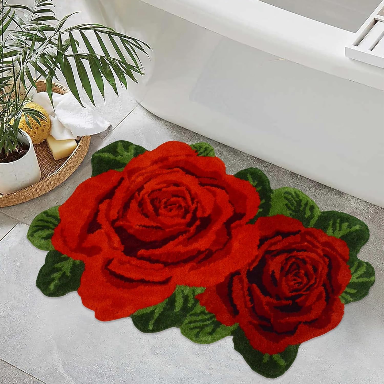 USTIDE Alfombra de baño rosa de 2 x 3, alfombra de baño roja con forma de flor, alfombra de felpa absorbente de agua para cocina, tocador, bañera,
