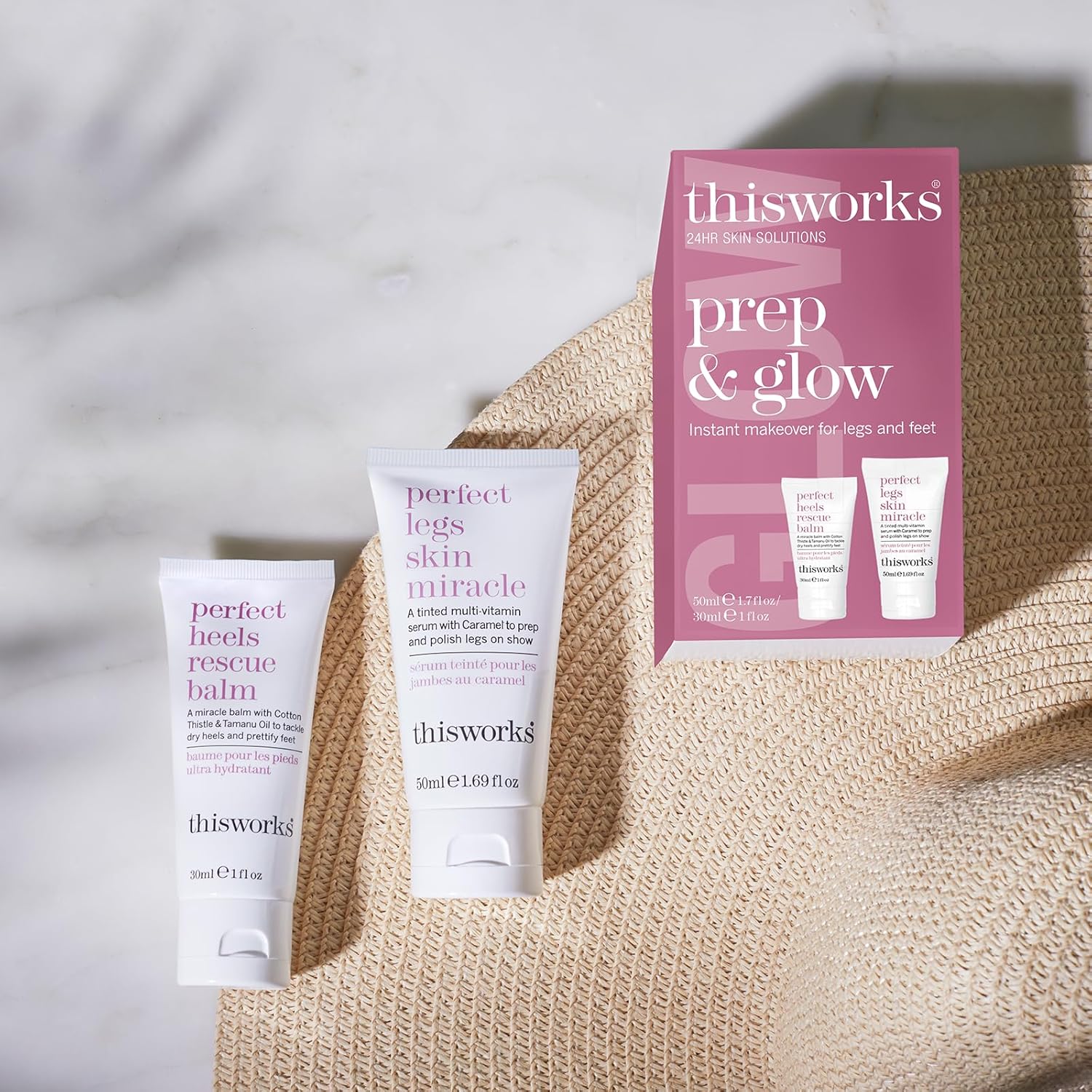THISWORKS Set de regalo Prep and Glow – Kit de tamaño de viaje con piernas perfectas para la piel milagrosa y tacones perfectos para rescatar crema