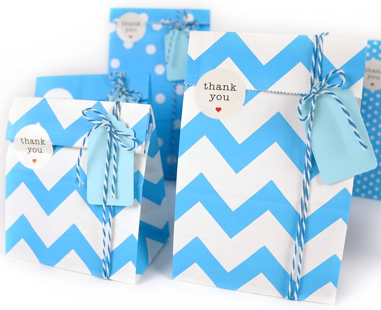 SMINTINE Paquete de 30 bolsas de regalo azules con calcomanías de agradecimiento, etiquetas de papel, cuerda de algodón azul para panaderos, 5 x 3 x