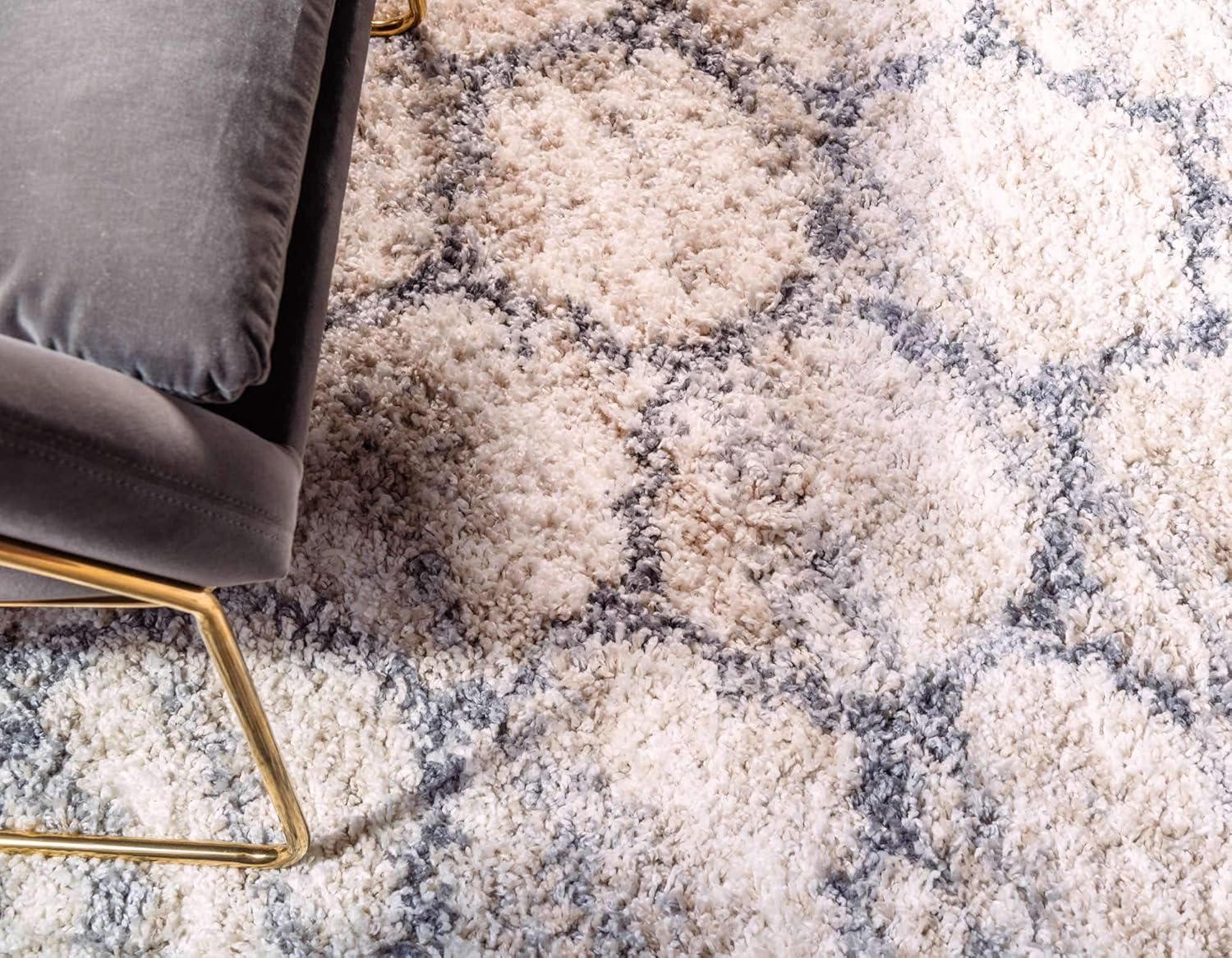 Unique Loom Hygge Shag Collection – Alfombra de área enrejado (2 pies 2 pulgadas x 6 pies 1 pulgada, color beige y gris)