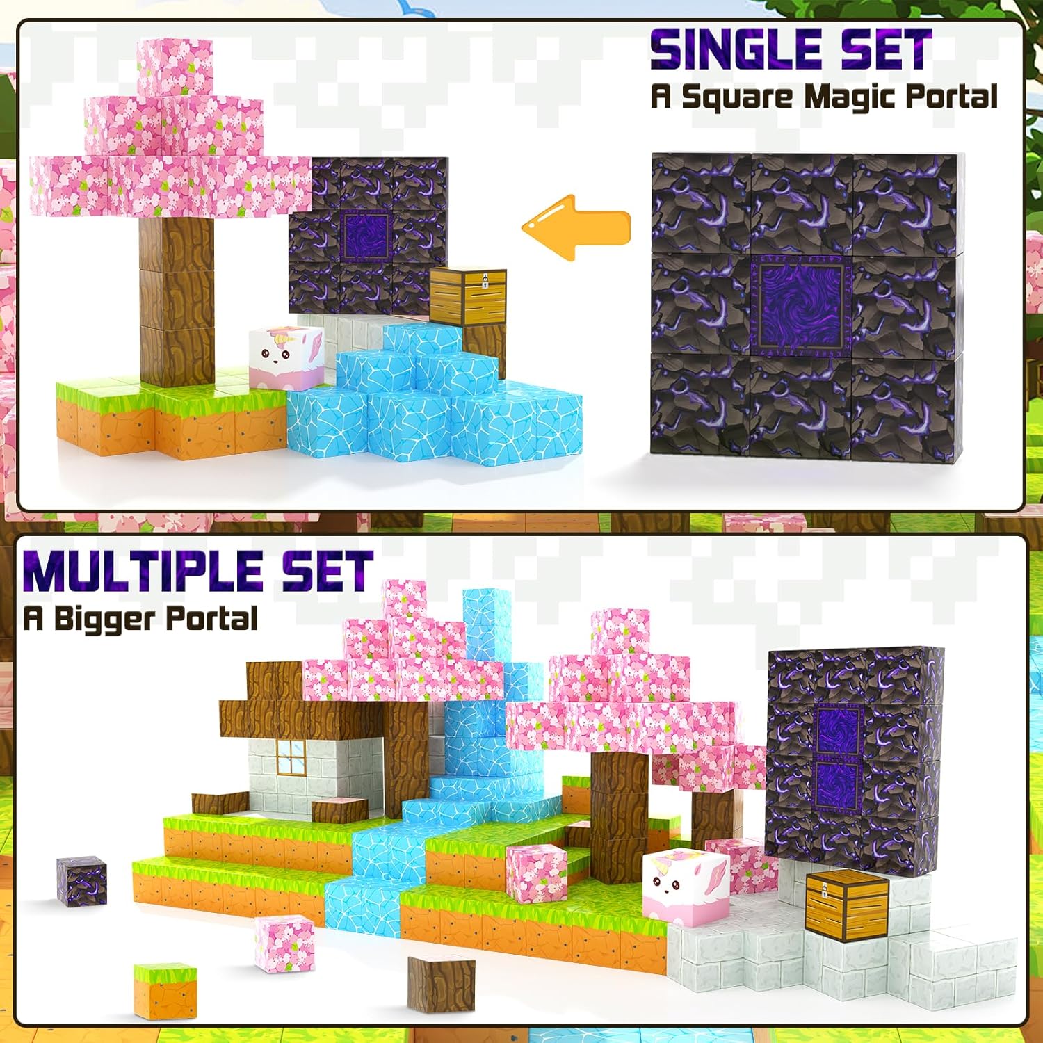 Bloques magnéticos – Juego de bloques magnéticos de construcción de minas con diseño de cerezo, azulejos magnéticos, juguetes STEM para niños y
