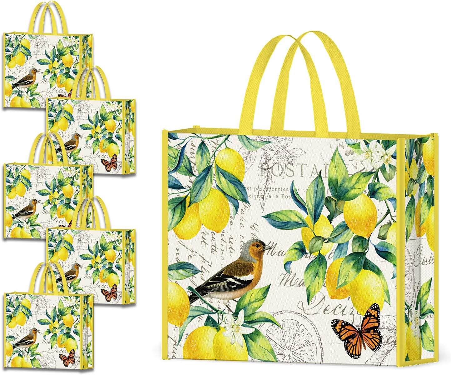 NymphFable Paquete de 5 bolsas de compras reutilizables con limones, pájaros, mariposas, lavables, bolsas de tela