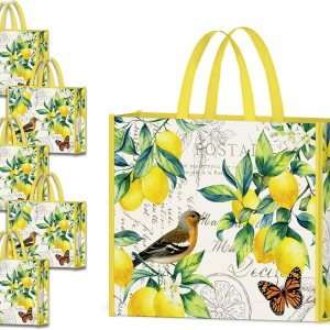 NymphFable Paquete de 5 bolsas de compras reutilizables con limones, pájaros, mariposas, lavables, bolsas de tela NymphFable Paquete de 5 bolsas de compras reutilizables con limones, pájaros, mariposas, lavables, bolsas de tela