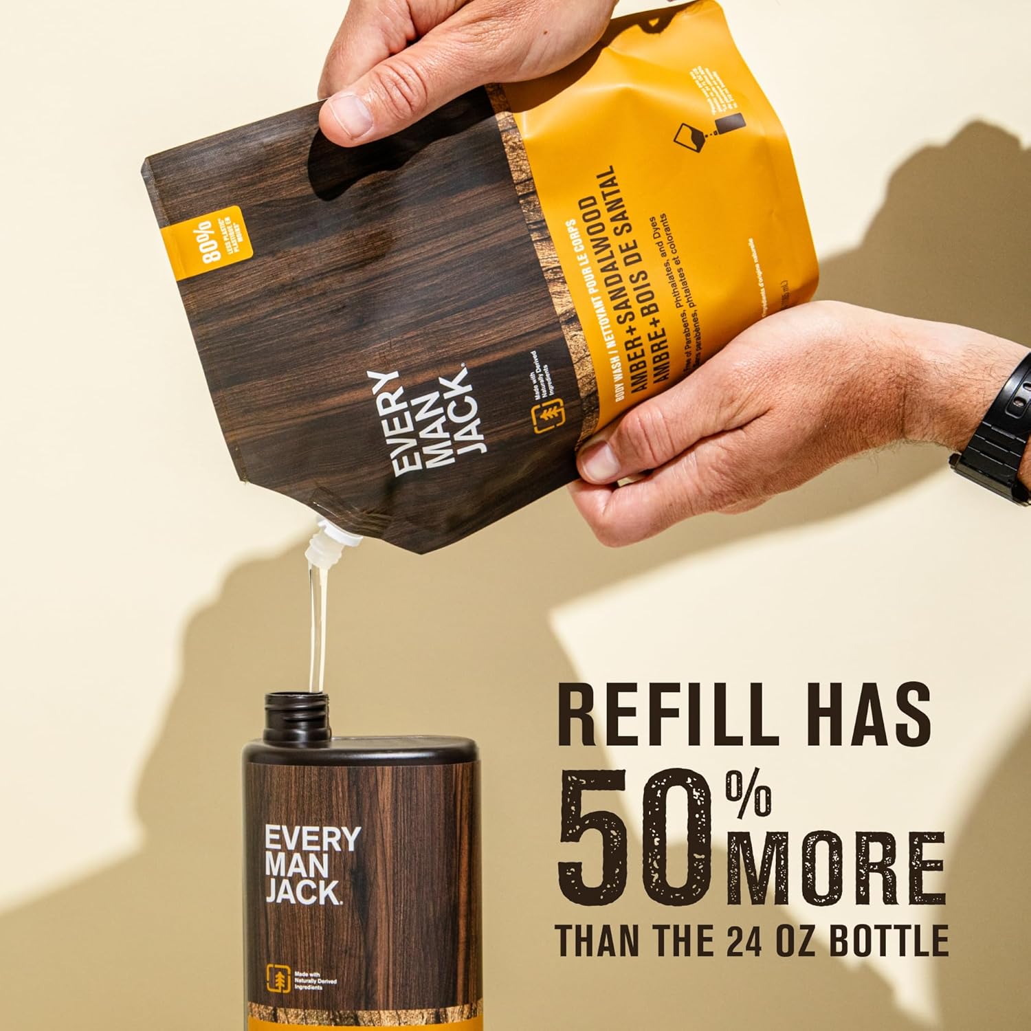 Every Man Jack Amber + Sandalwood – Bolsa de repuesto para lavado corporal para hombre, limpia, nutre e hidrata la piel, ingredientes derivados de