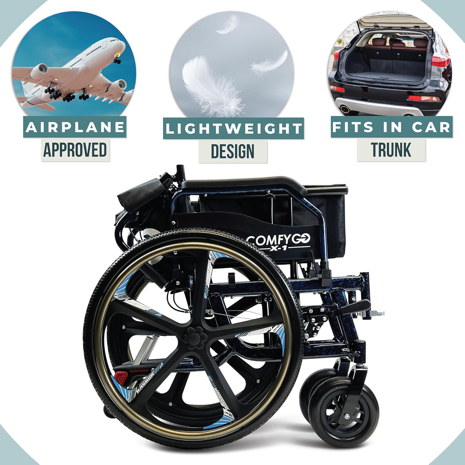 Silla de ruedas autopropulsada plegable y ligera – Sillas de ruedas de transferencia autopropulsadas, ancho de asiento de 17.5 pulgadas, edición