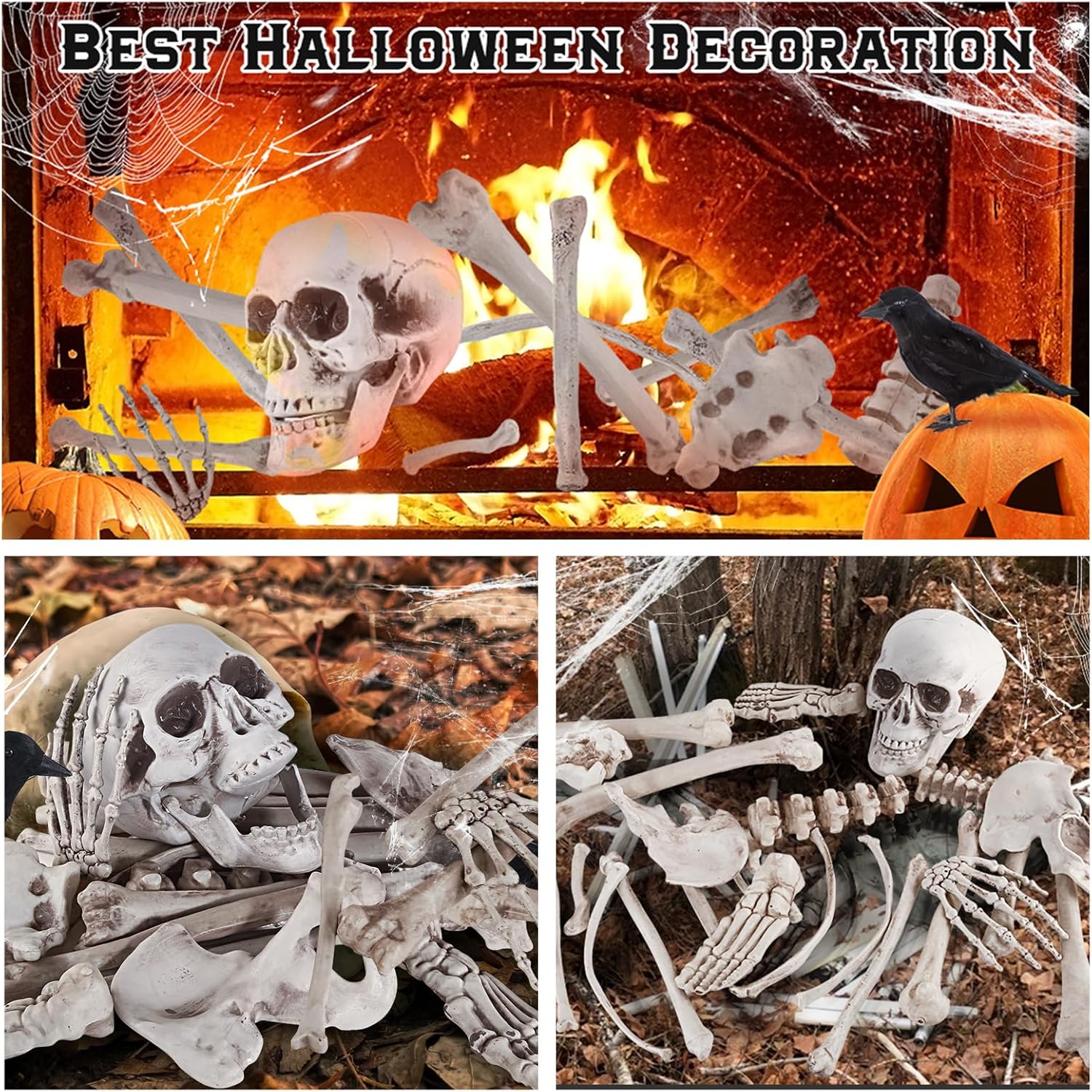 Decoraciones de Halloween 28 piezas de huesos de esqueleto y calavera con cuervo para decoración al aire libre, aterradores rompedores para