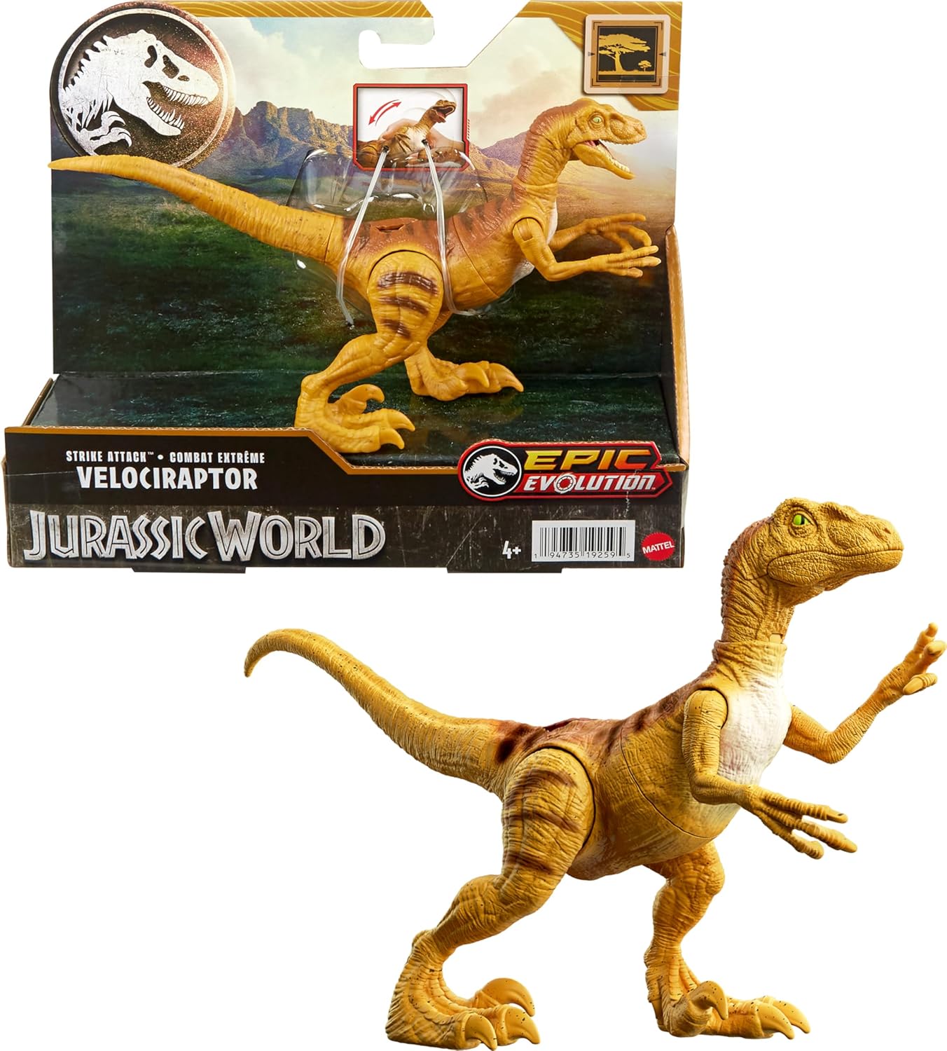Mattel Jurassic World Strike Attack Velociraptor – Juguete de dinosaurio con acción de golpe único, articulaciones móviles, figura de acción de