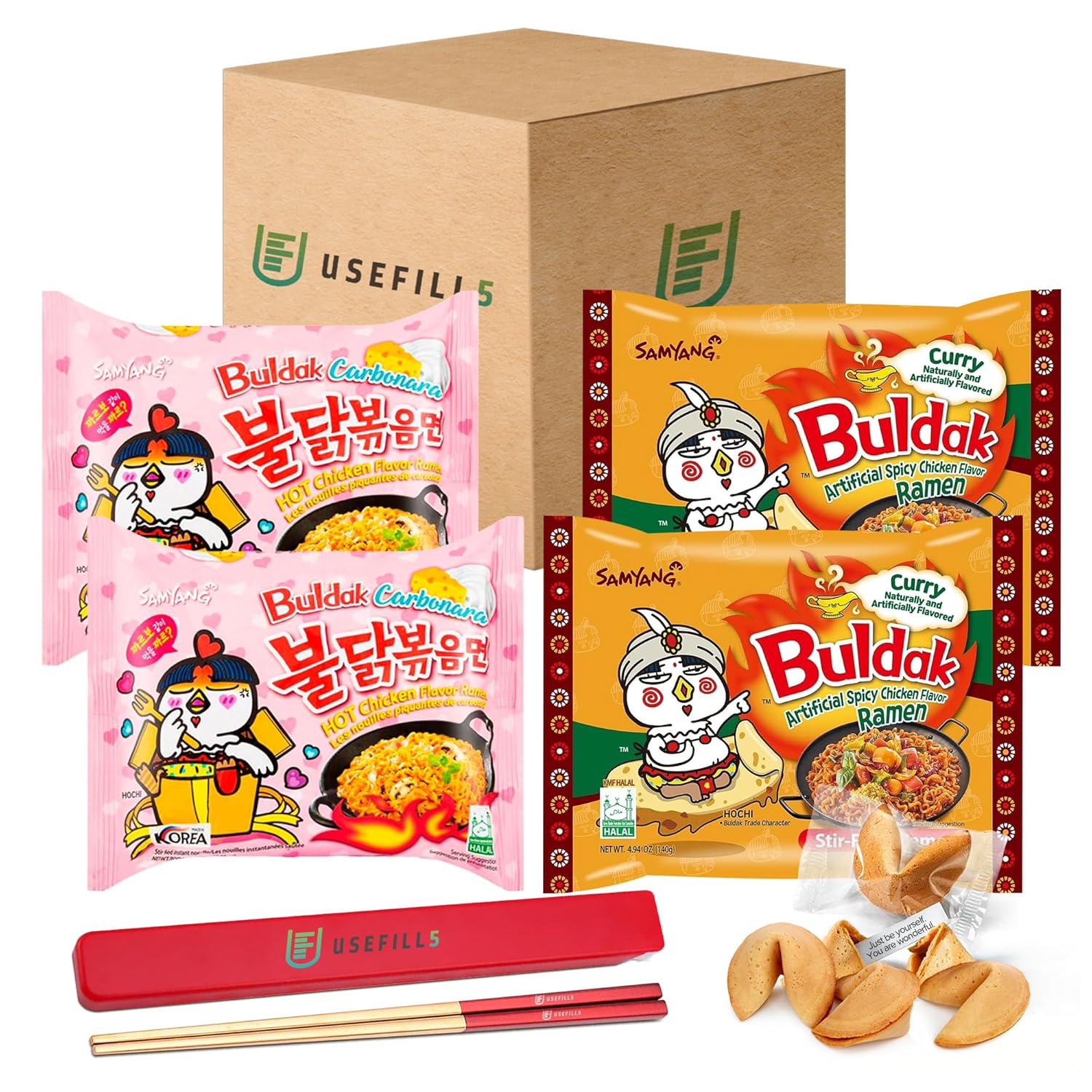 Buldak Ramen Fideos  Paquete de 4 fideos ramen coreanos  Buldak Ramen Carbonara Curry Fideos picantes Buldak Ramen Paquete variado  Incluye Samyang