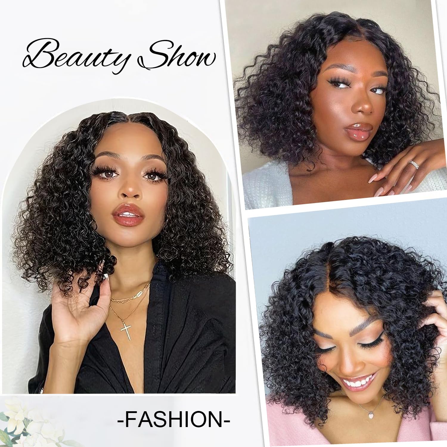 Xinjiju Peluca sin pegamento, pelucas cortas y rizadas estilo Bob para mujeres negras, cabello humano sin pegamento, 6 x 4, sin pegamento, peluca