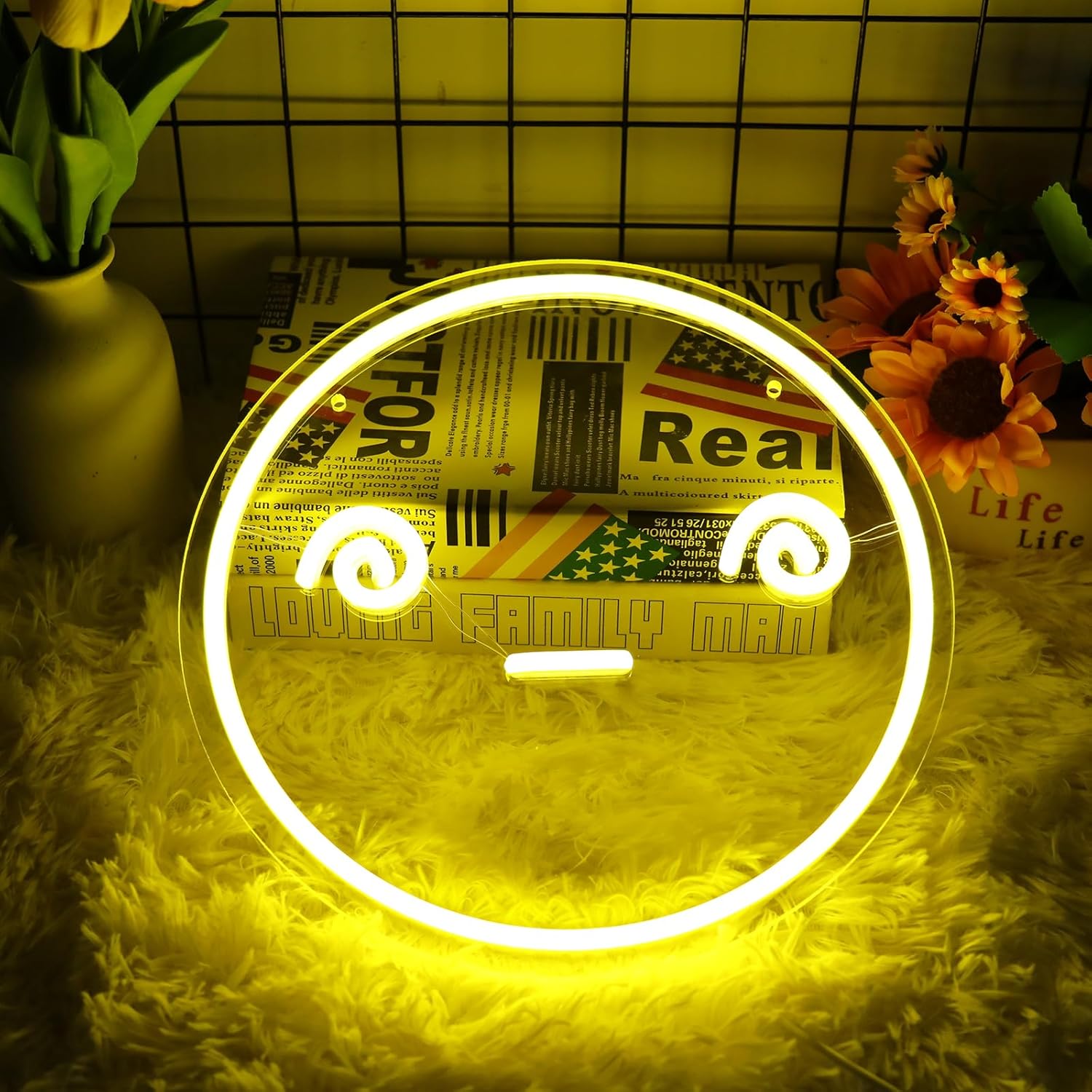 Letrero de neón con cara sonriente para decoración de pared, 5 V alimentado por USB, luz de neón mareada con interruptor regulable para el hogar,