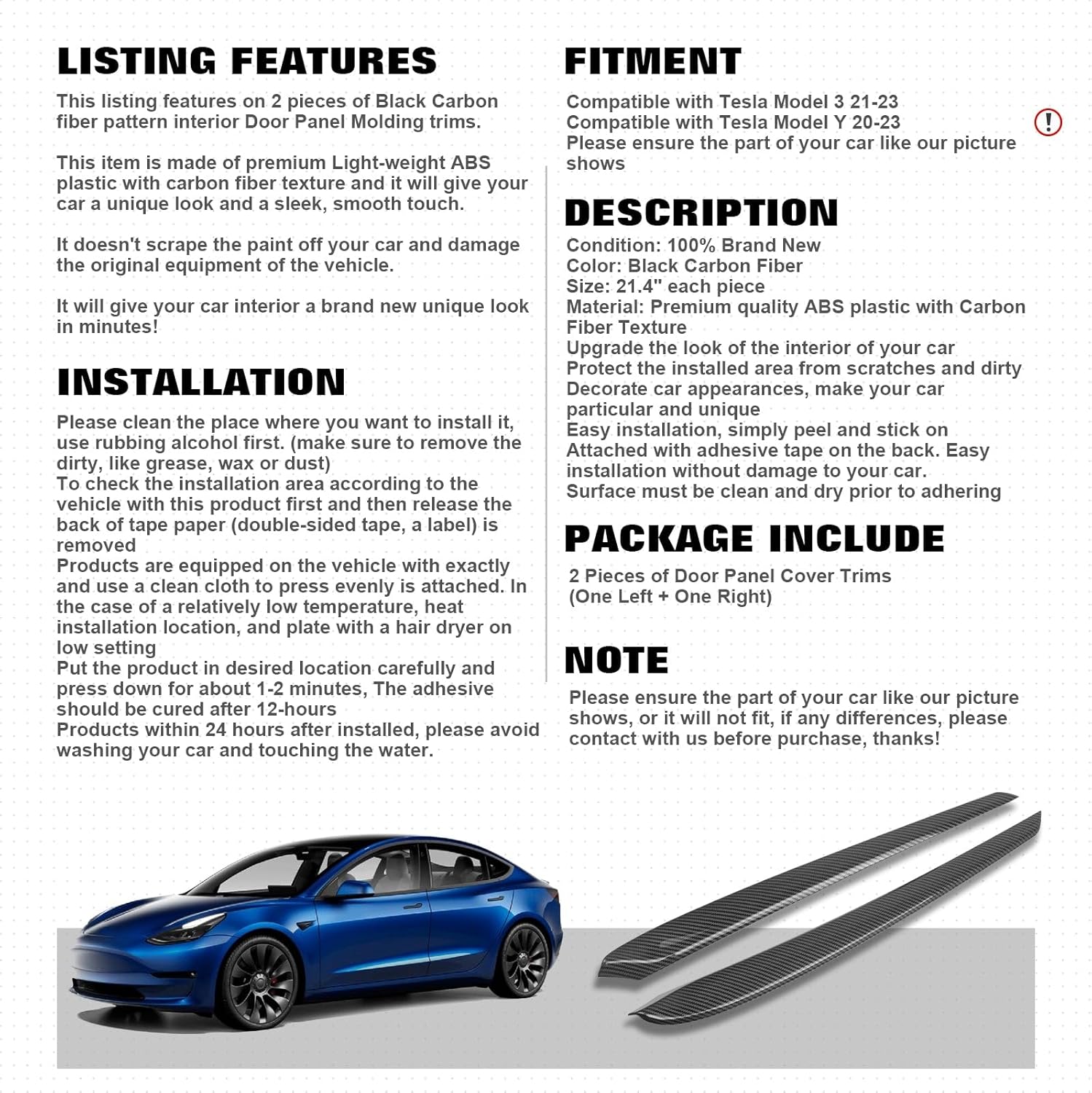 Xotic Tech – Tapa para puerta interior, patrón de fibra de carbono brillante, compatible con Tesla Model 3 2021 en adelante, modelo Y 2020 en