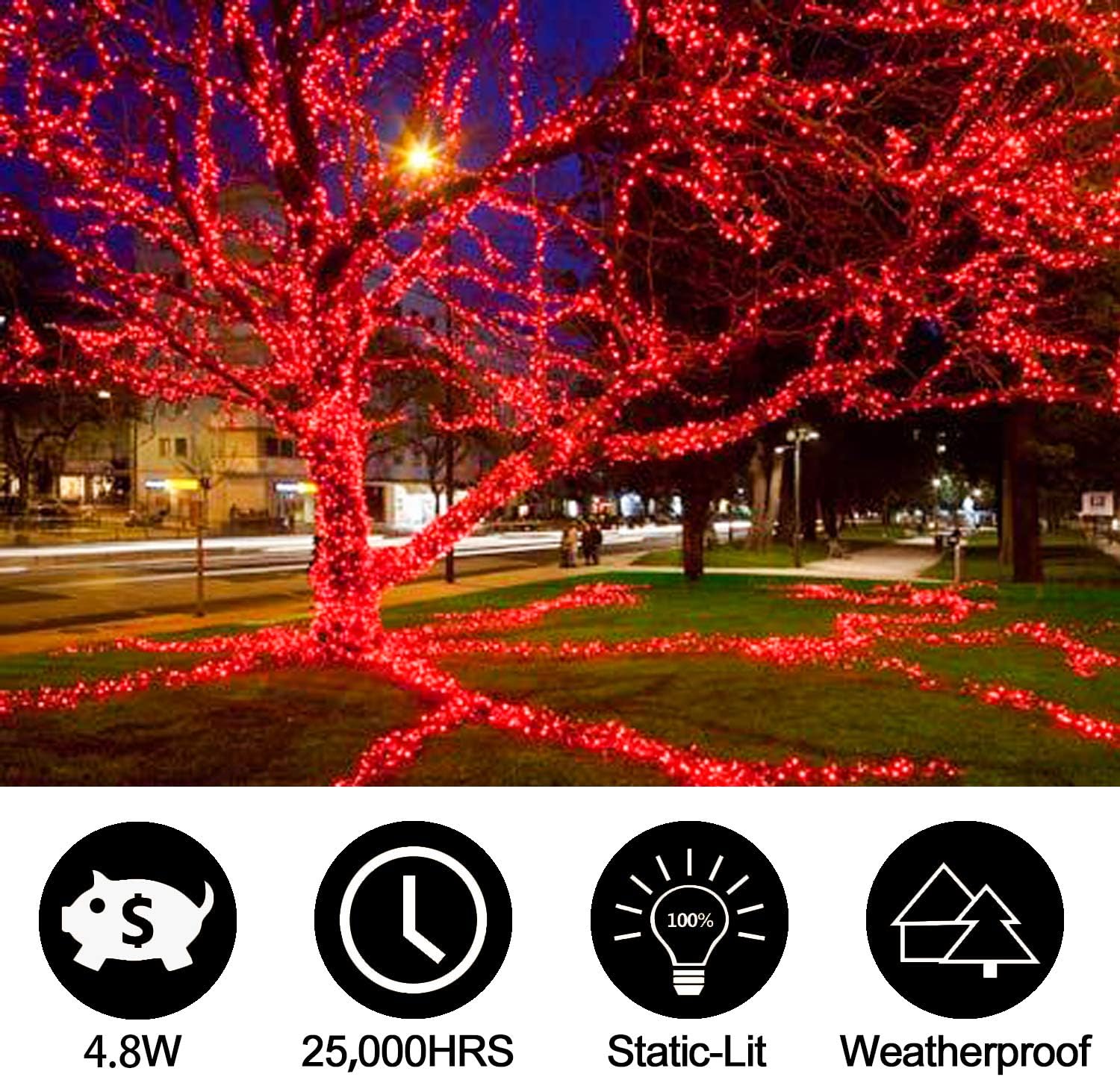 Silvom Luces de Navidad rojas, 100 luces LED de Navidad de 33 pies, 120 V con certificación UL para Halloween, árbol de Navidad, boda, fiesta,
