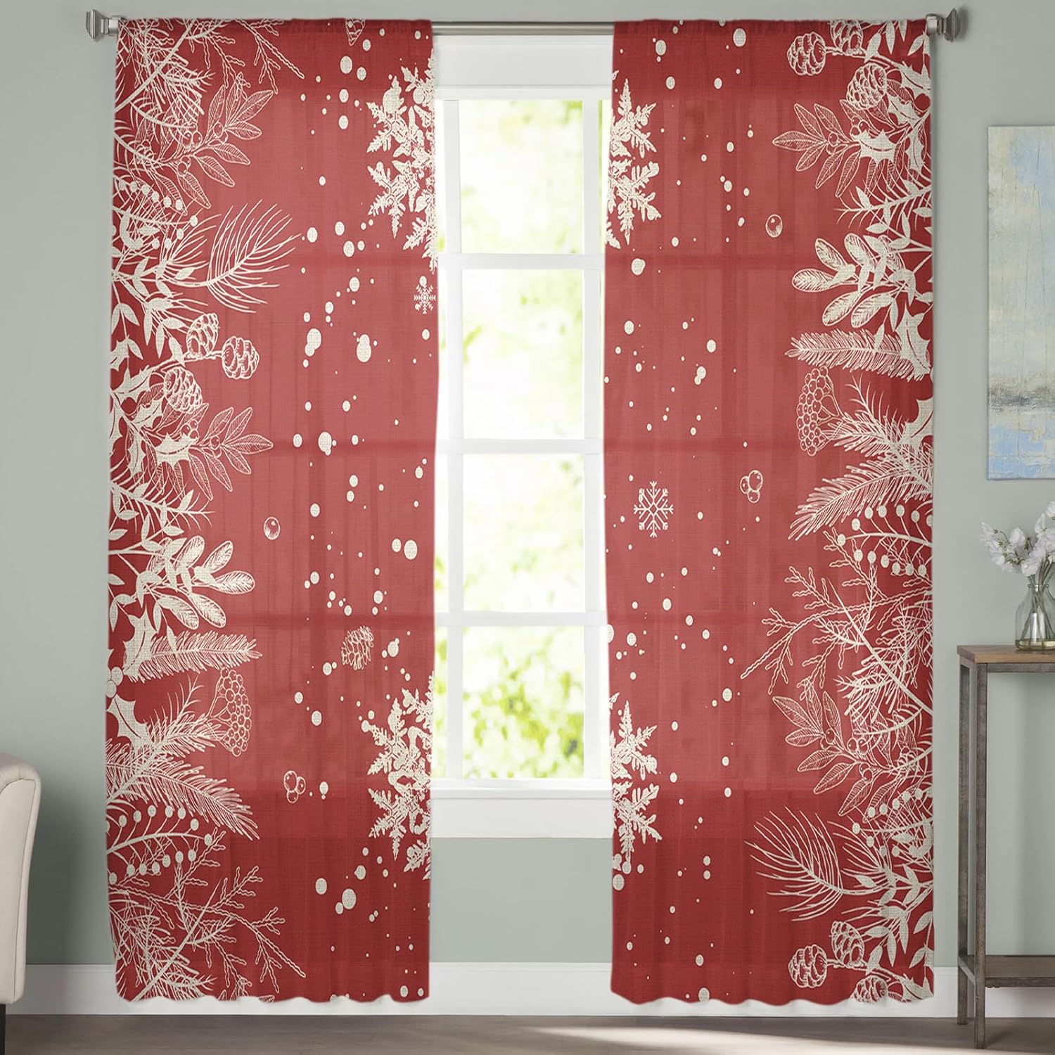 Snowflake Sheer Curtains 84 Inch Length 2 Panels Set for Living RoomBedroom, Winter Christmas Pine Tree Leaves Watercolor Semi Curtain Sheers Drapes