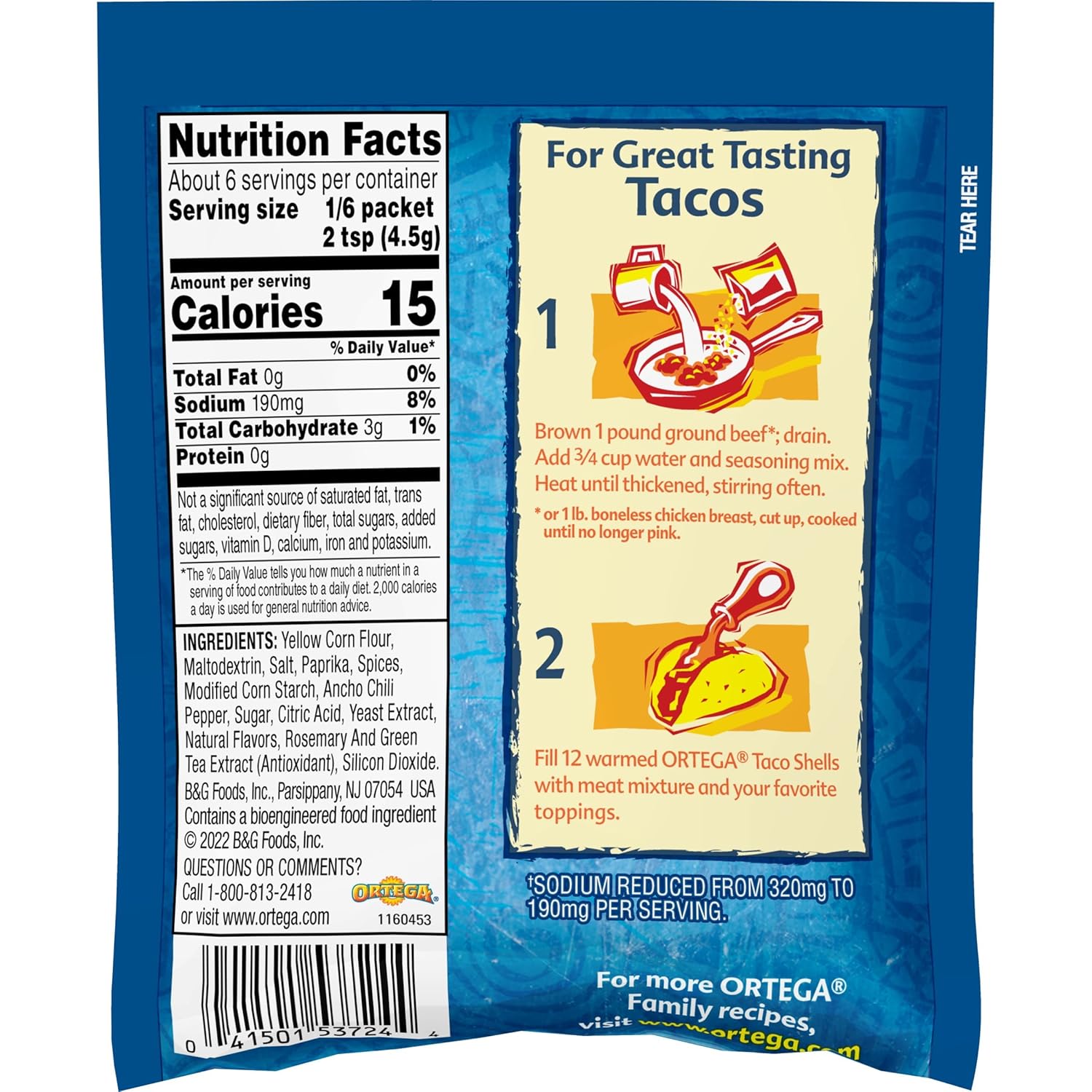 Ortega Mezcla de condimentos, 40% menos de tacos de sodio, 1 onza