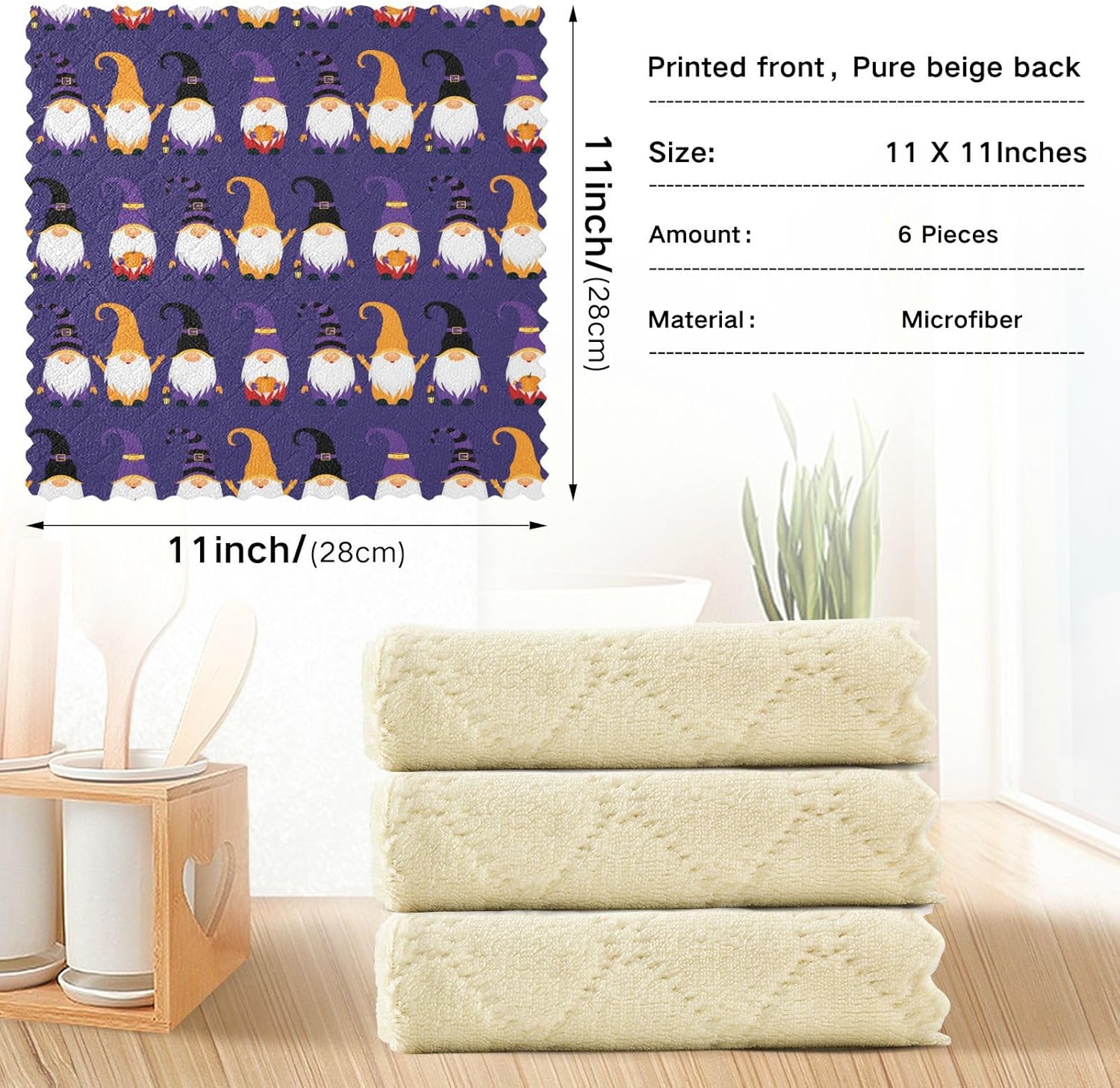Halloween Gnomes Purple Set of 6 Absorbent Kitchen Towels and Dishcloths Sets Microfiber Print Cotton Dish Tea Towels for Bathroom Table