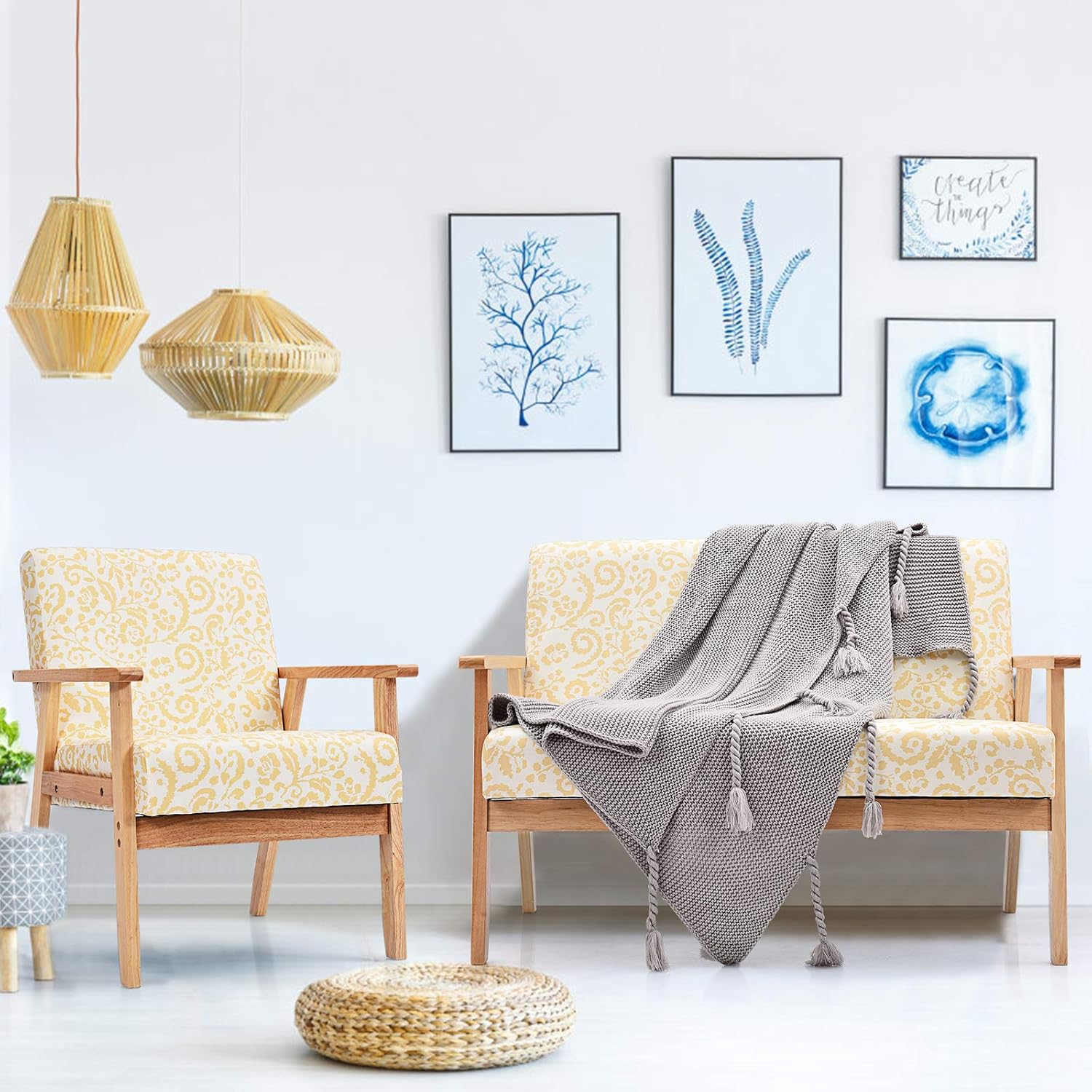 Giantex Mid-Century – Juego de sillas decorativas de madera de dos plazas, silla decorativa de madera tapizada con madera de caucho, bonito patrón,