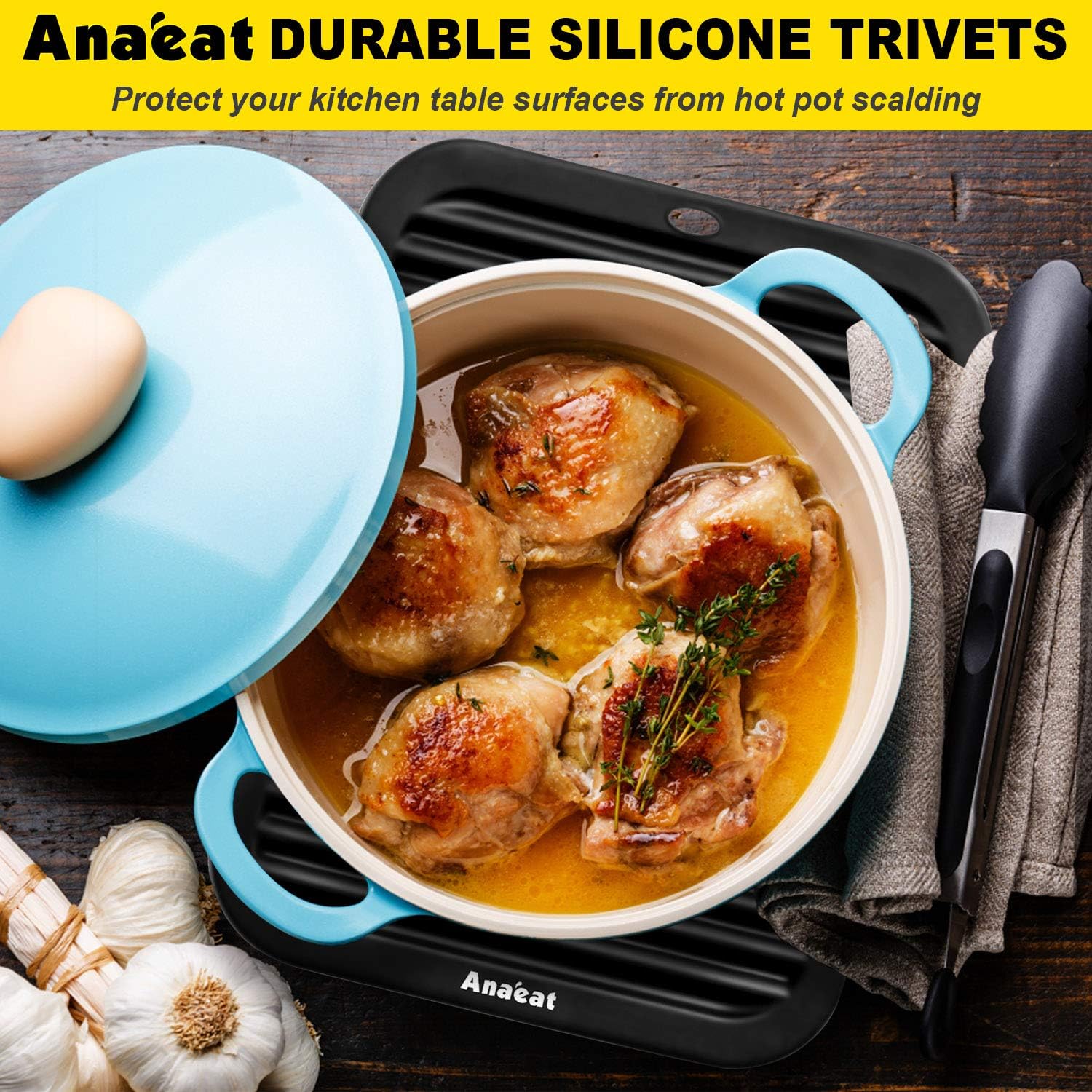 Anaeat Paquete de 2 salvamanteles de silicona para ollas y sartenes calientes, almohadillas calientes de silicona real resistentes al calor para