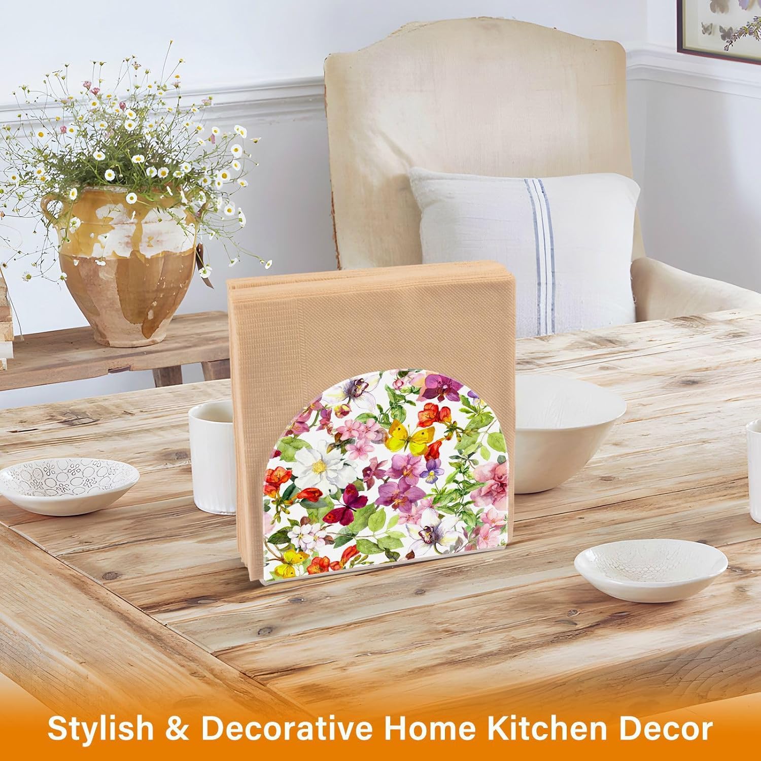 Flowers Butterfly Napkin Holder for Table, Acrylic Upright Non Slip Tabletop Freestanding Tissue Paper Dispenser for Kitchen Restaurant Home Hotel