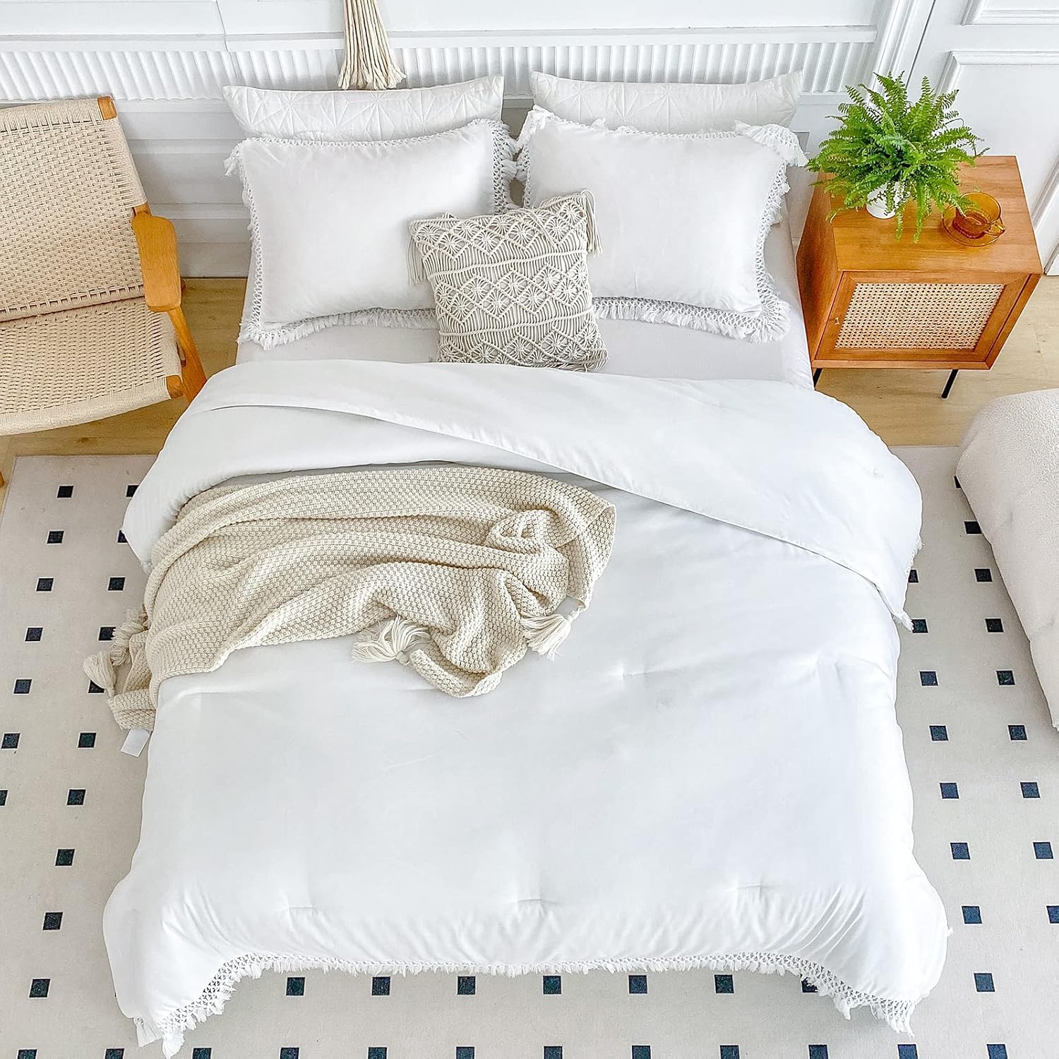 Juego de edredón con borlas blancas, tamaño Queen de 90 x 90 pulgadas, 3 piezas con flecos rosados, juego de ropa de cama bohemio de microfibra