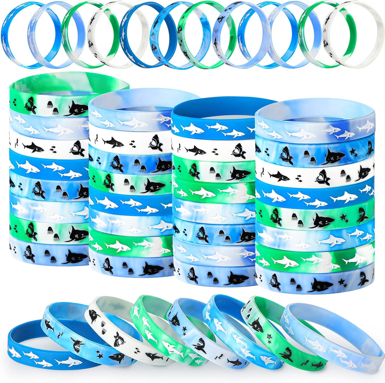 48 pulseras de tiburón para fiestas de cumpleaños de tiburón, pulseras de silicona de tiburón para fiestas temáticas de tiburones, fiestas de océano