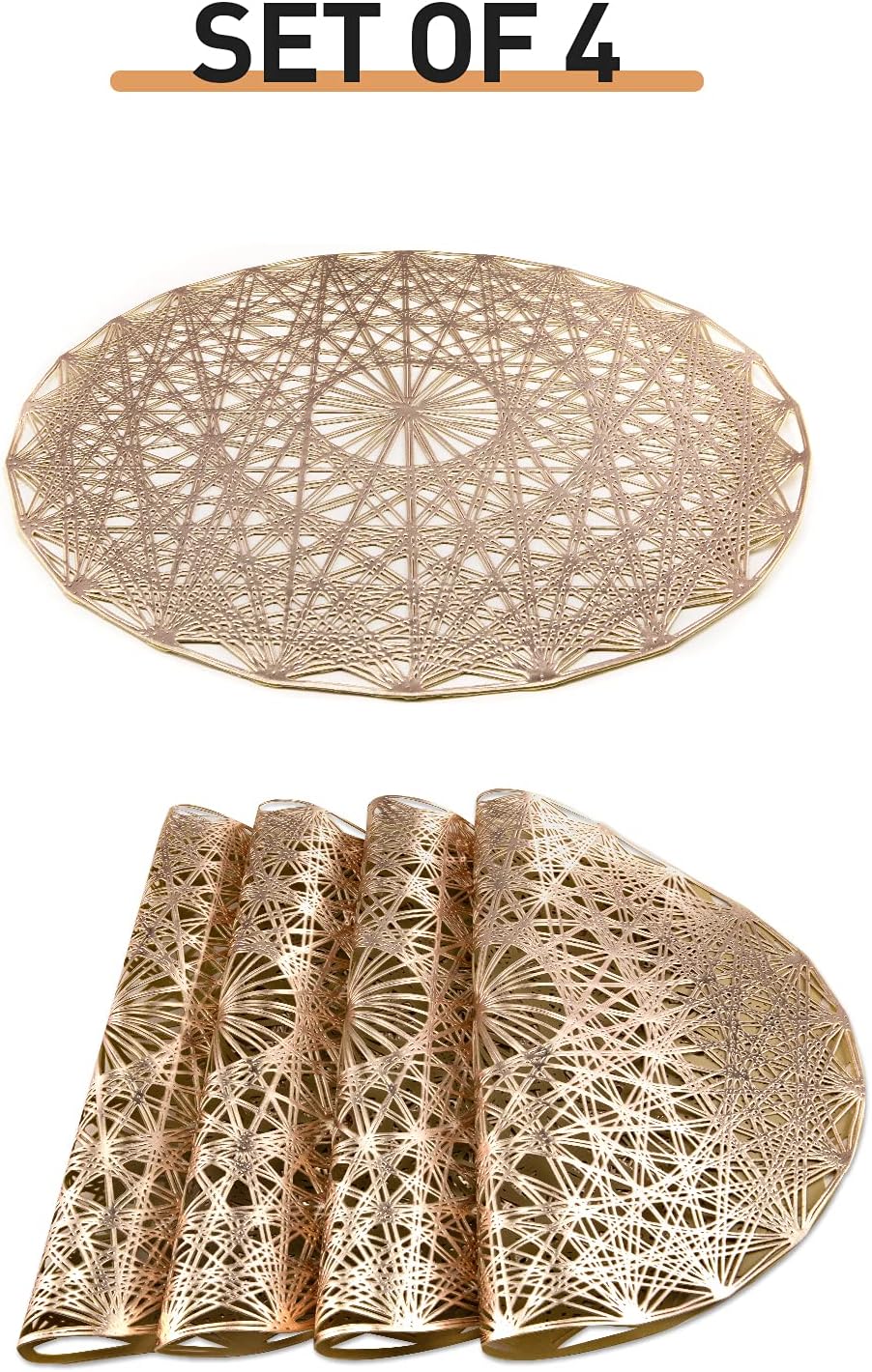 Juego de 4 manteles individuales redondos de plata para mesa de cena, de vinilo prensado, resistente al calor, decoración de mesa para mesa de boda,