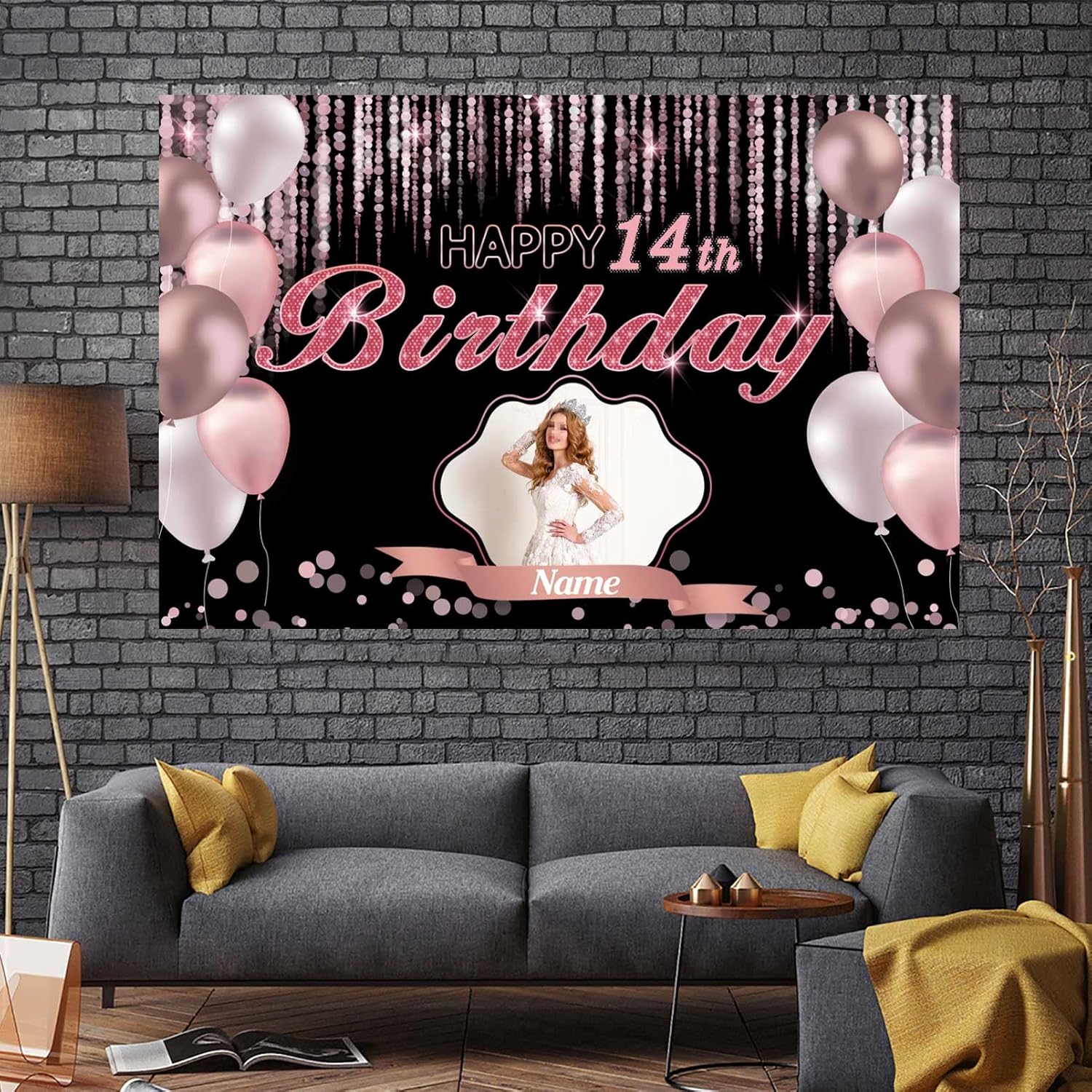 Cartel de decoración de feliz cumpleaños número 14 de oro rosa, tamaño grande, personalización con nombre y foto compatible