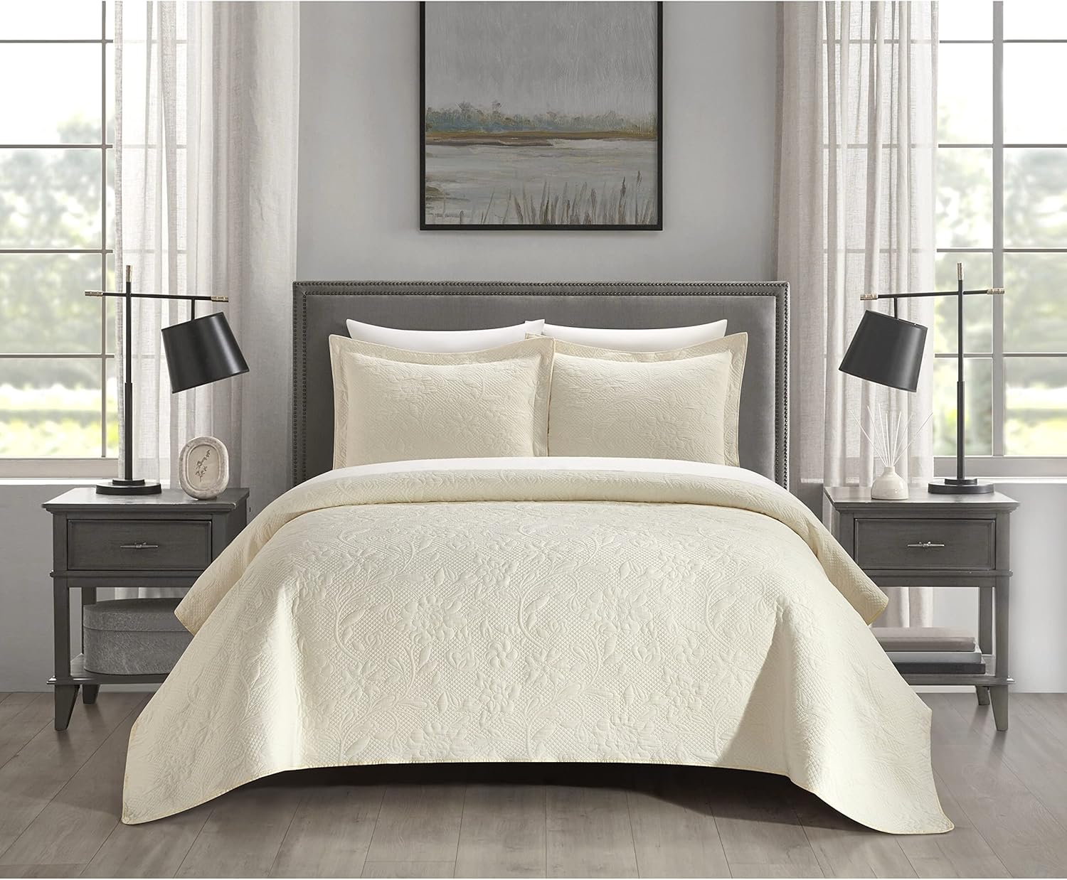 New York & Company Austin 3 Piece Cotton Blend Quilt Set Stone Washed Textured Floral Pattern Bedding – Pillow Shams Included, Queen, Grey