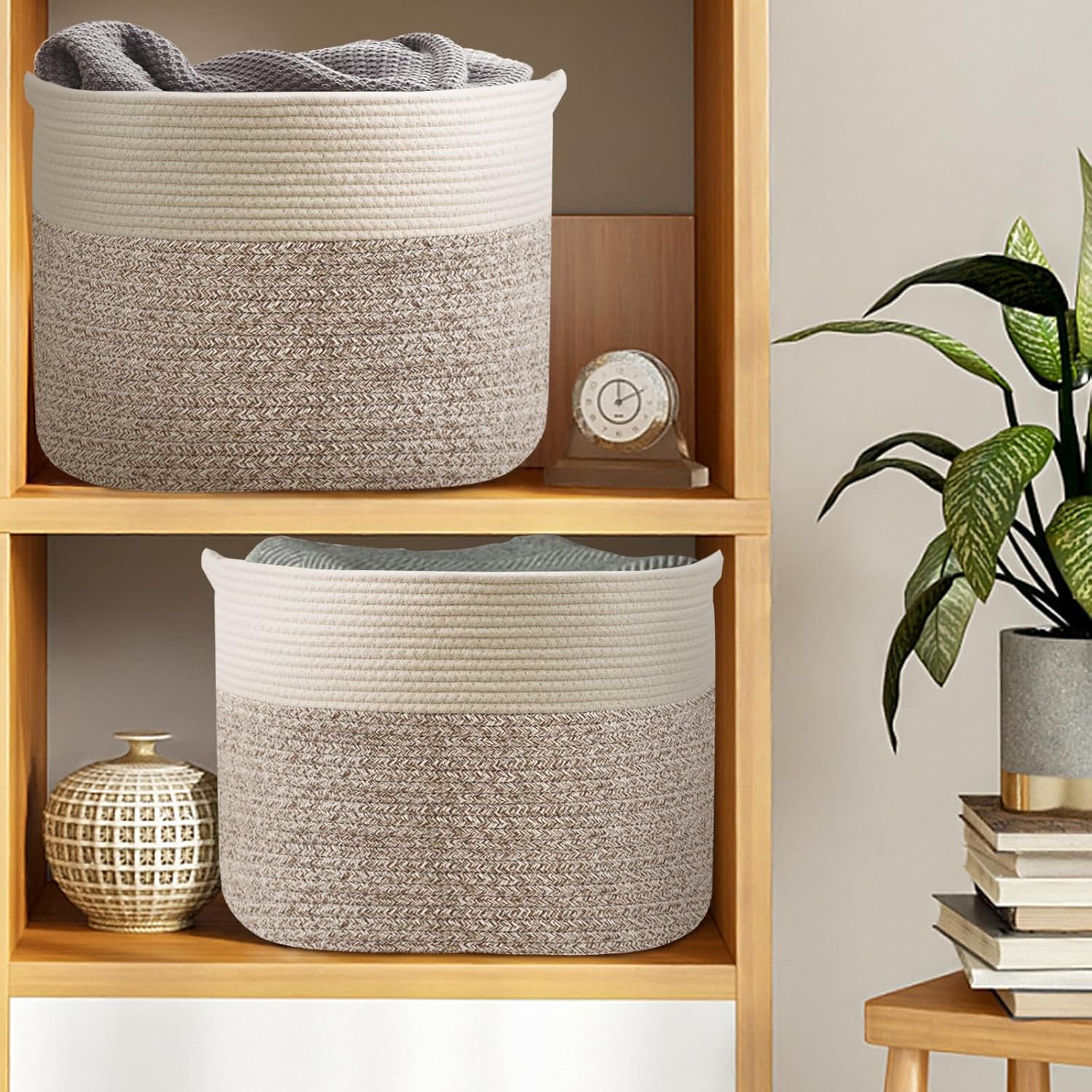Cesta de cuerda de algodón extragrande de 24 x 24 x 17.3 pulgadas para sala de estar, canasta tejida para ropa sucia para bebé con asas, contenedor