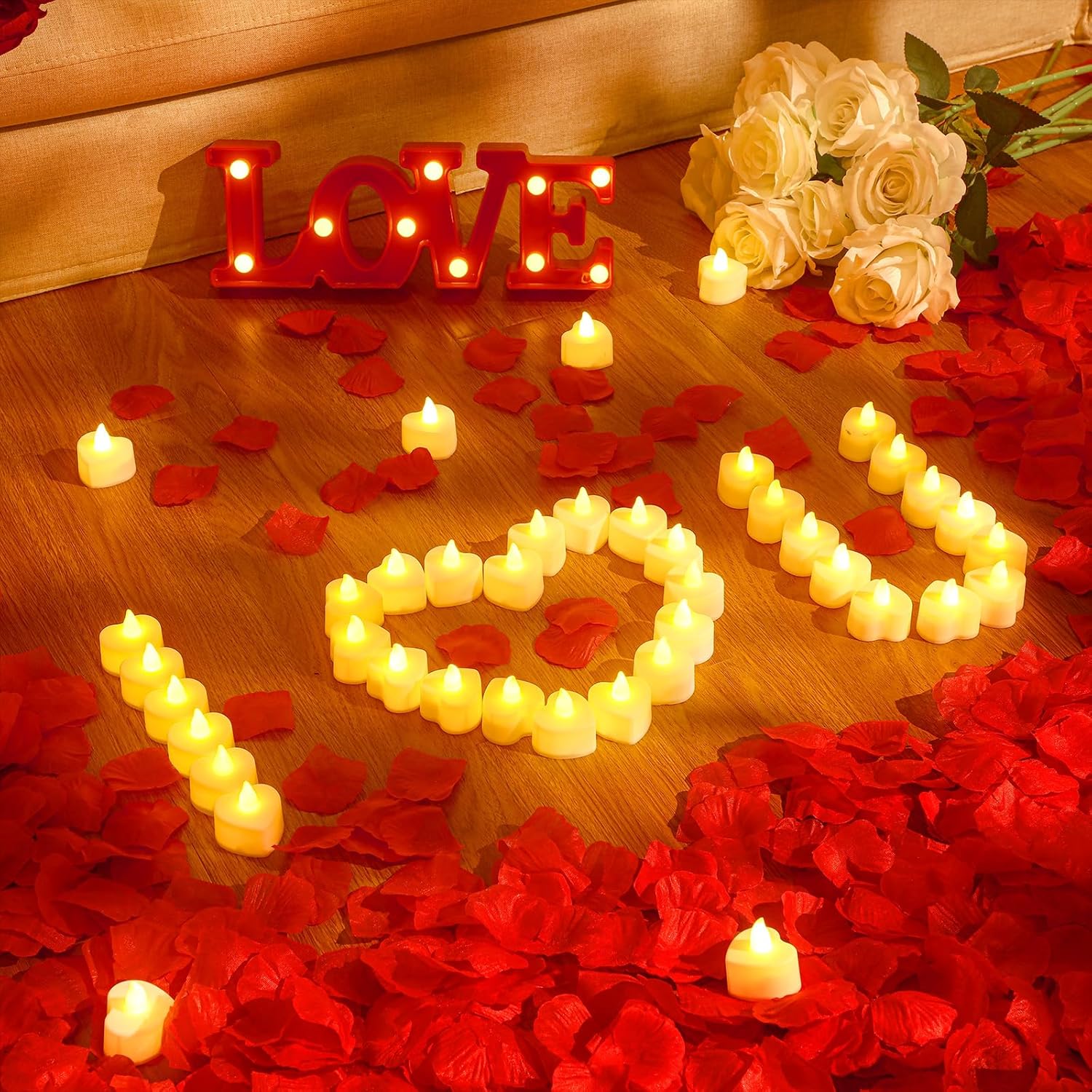 VIHOSE 4000 pétalos de rosa artificiales con 24 velas LED de té, velas LED sin llama, pétalos de rosa falsos para propuesta, boda, noche de San
