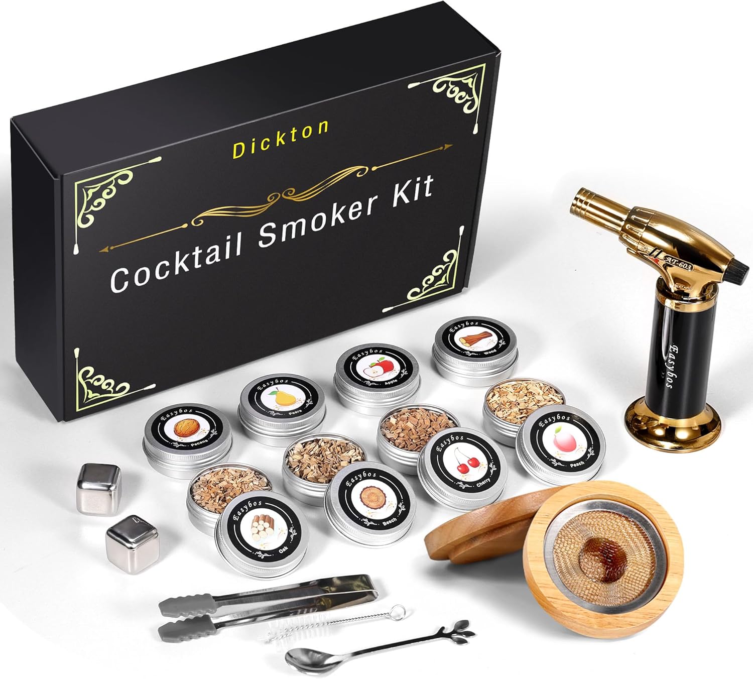 Kit de ahumador de cóctel con antorcha, 8 sabores de chips de madera, bourbon, kit de infusor de ahumador de whisky, kit de ahumador de bebidas