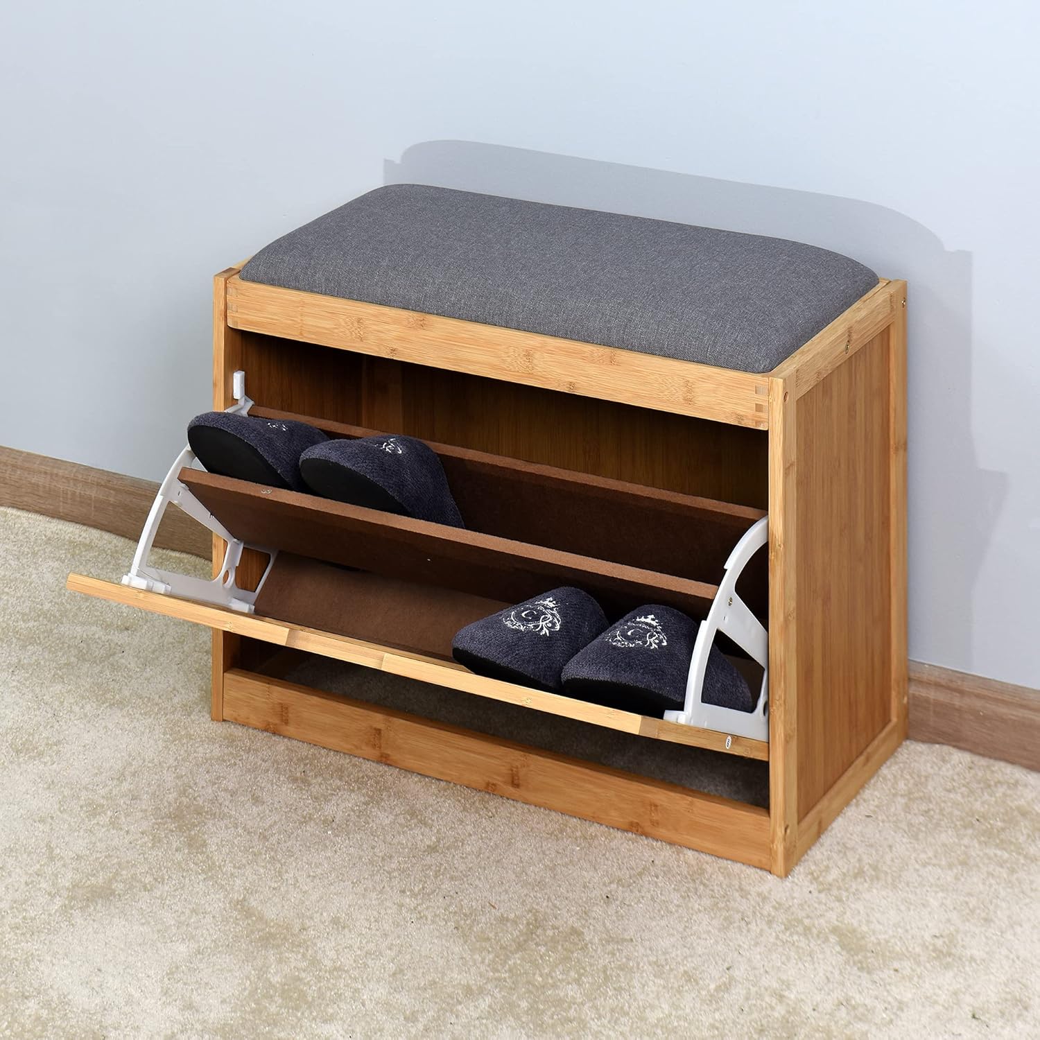Banco de bambú para entrada, para sala de estar, zapatero con estante plegable, 24.8 x 11.6 x 18.9 pulgadas