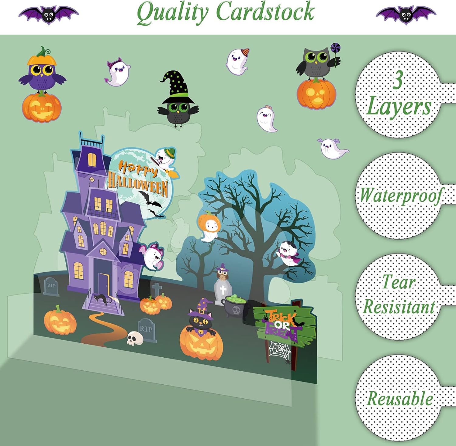 Decoración de tablero de anuncios de Halloween para el aula, recortes de papel, golosinas, calabaza, búho, gato, murciélago, bruja, fantasma,