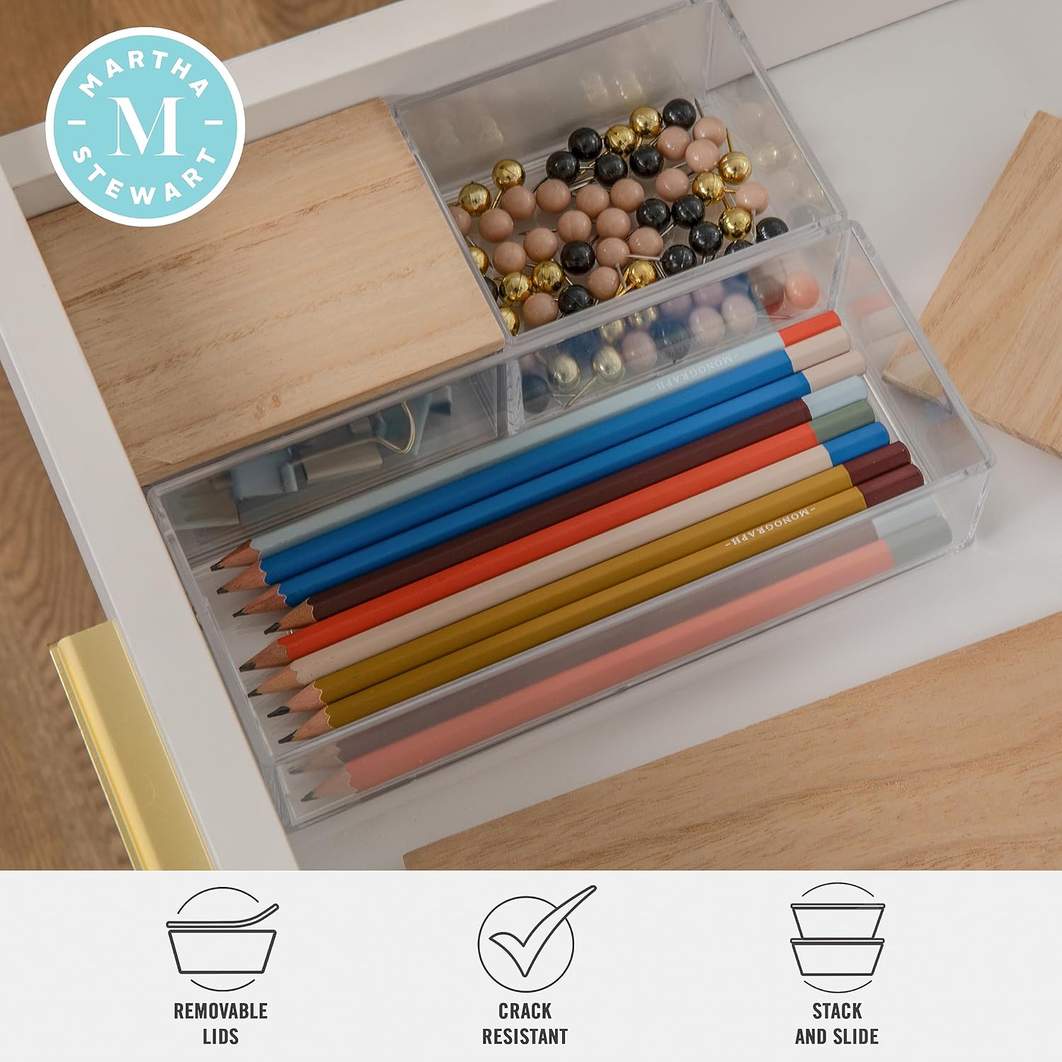 Martha Stewart Brody – Contenedores organizadores de plástico con tapas de madera de paulownia para oficina en casa, cocina o baño, paquete de 3, 2
