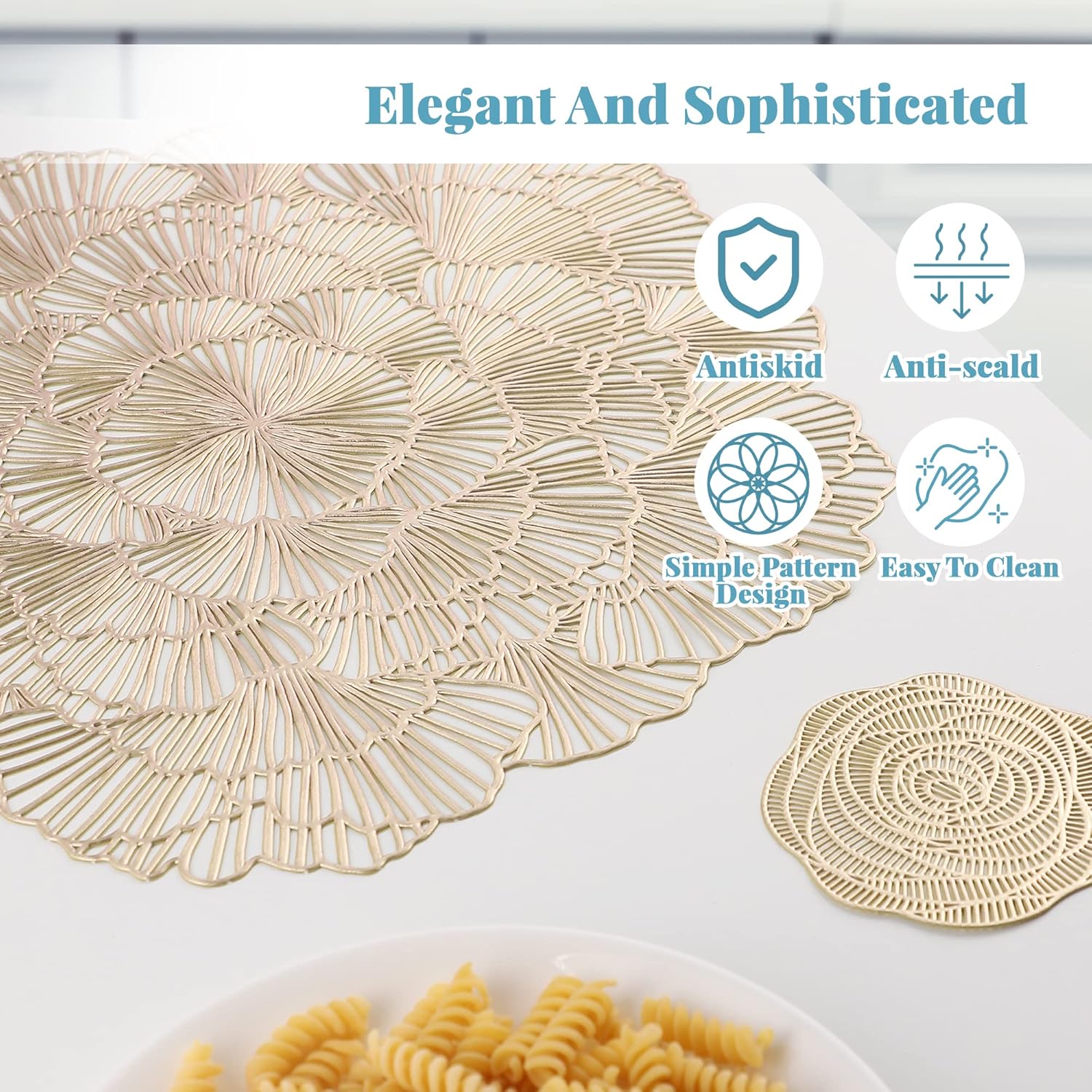 Juego de 12 manteles individuales y posavasos, manteles individuales redondos de vinilo prensado metálicos para mesa de comedor (flor, dorado)