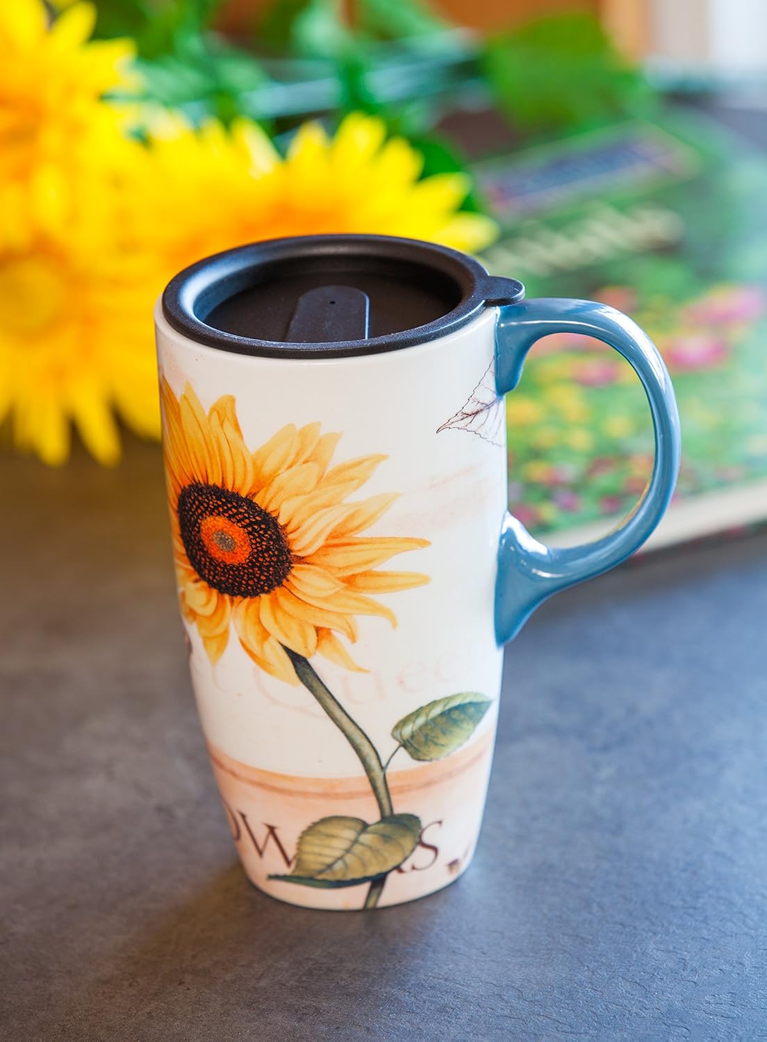 Cypress Home Taza de viaje de girasol de 17 onzas con caja de regalo de diseño, acero inoxidable, aislada, a prueba de fugas