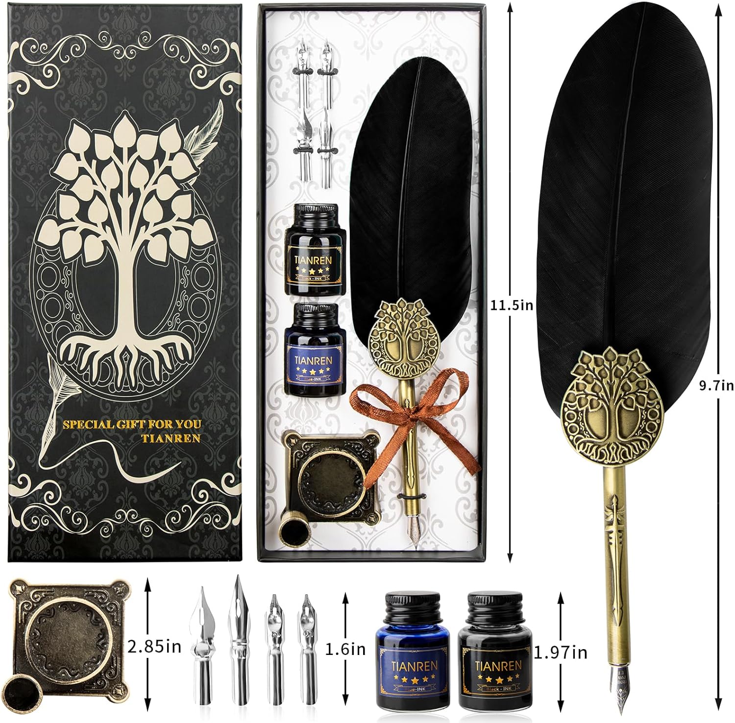 Juego de tinta de pluma, bolígrafo de plumas y tinta, bolígrafo de caligrafía antiguo con 4 puntas reemplazables, 2 botellas de tinta, soporte para